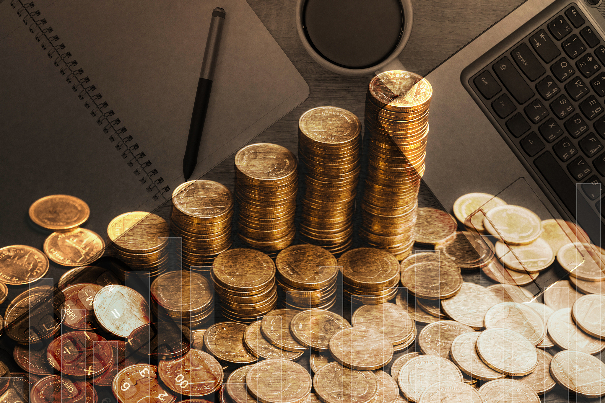 savings, increasing columns of coins, piles of coins arranged as