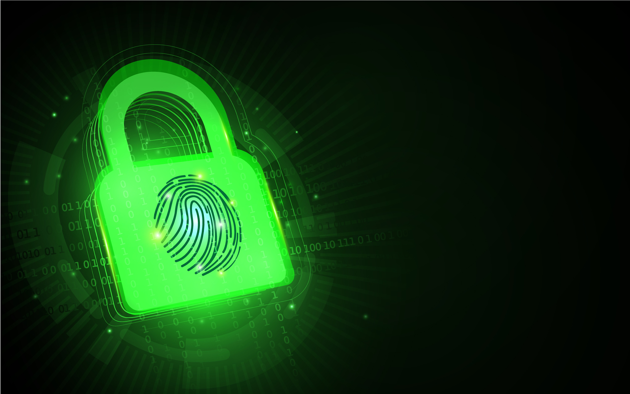 cyber security and padlock with fingerprint