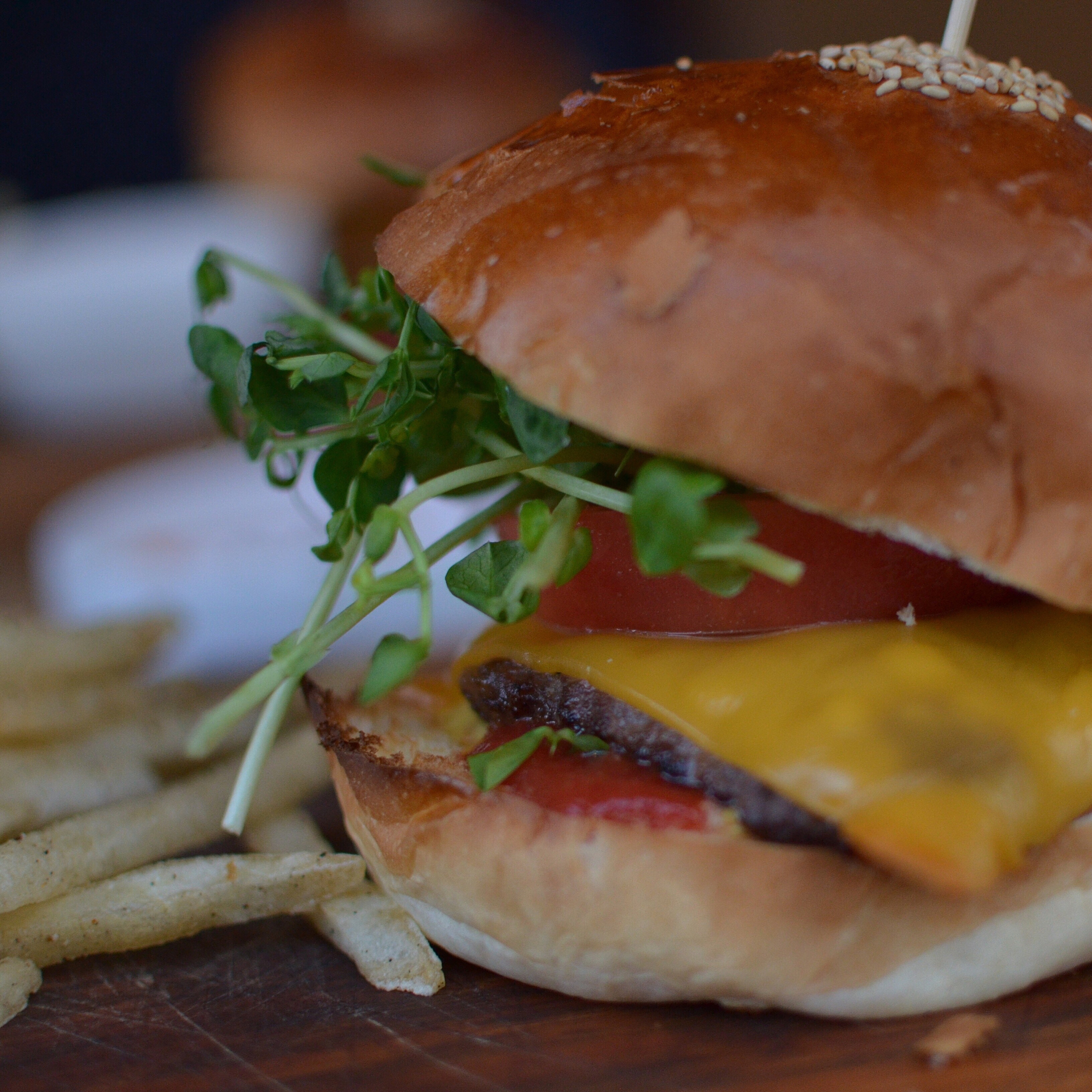 close-up of burger with french fries