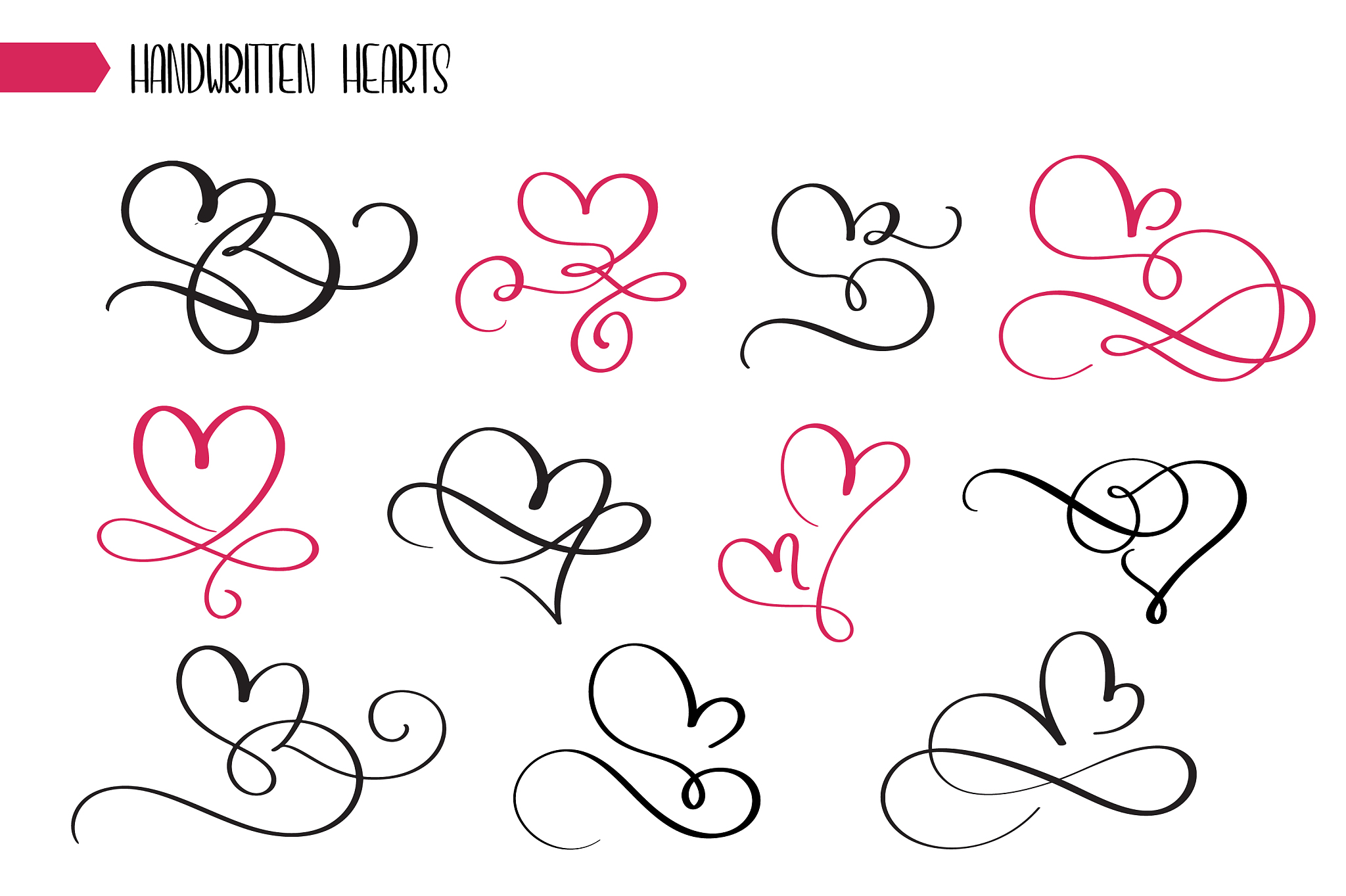 set of hand drawn sketchy calligraphy hearts