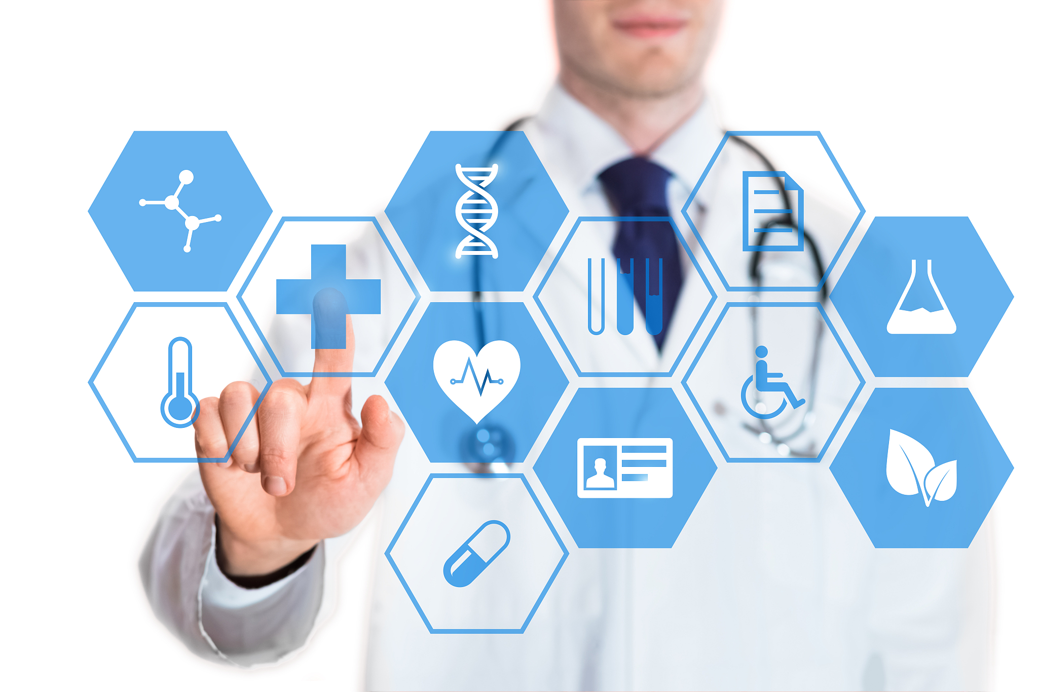 medical doctor touching virtual interface button of healthcare a