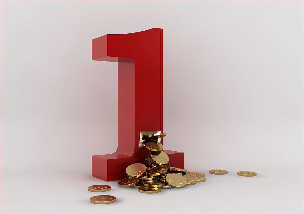 three dimensional number one with coins