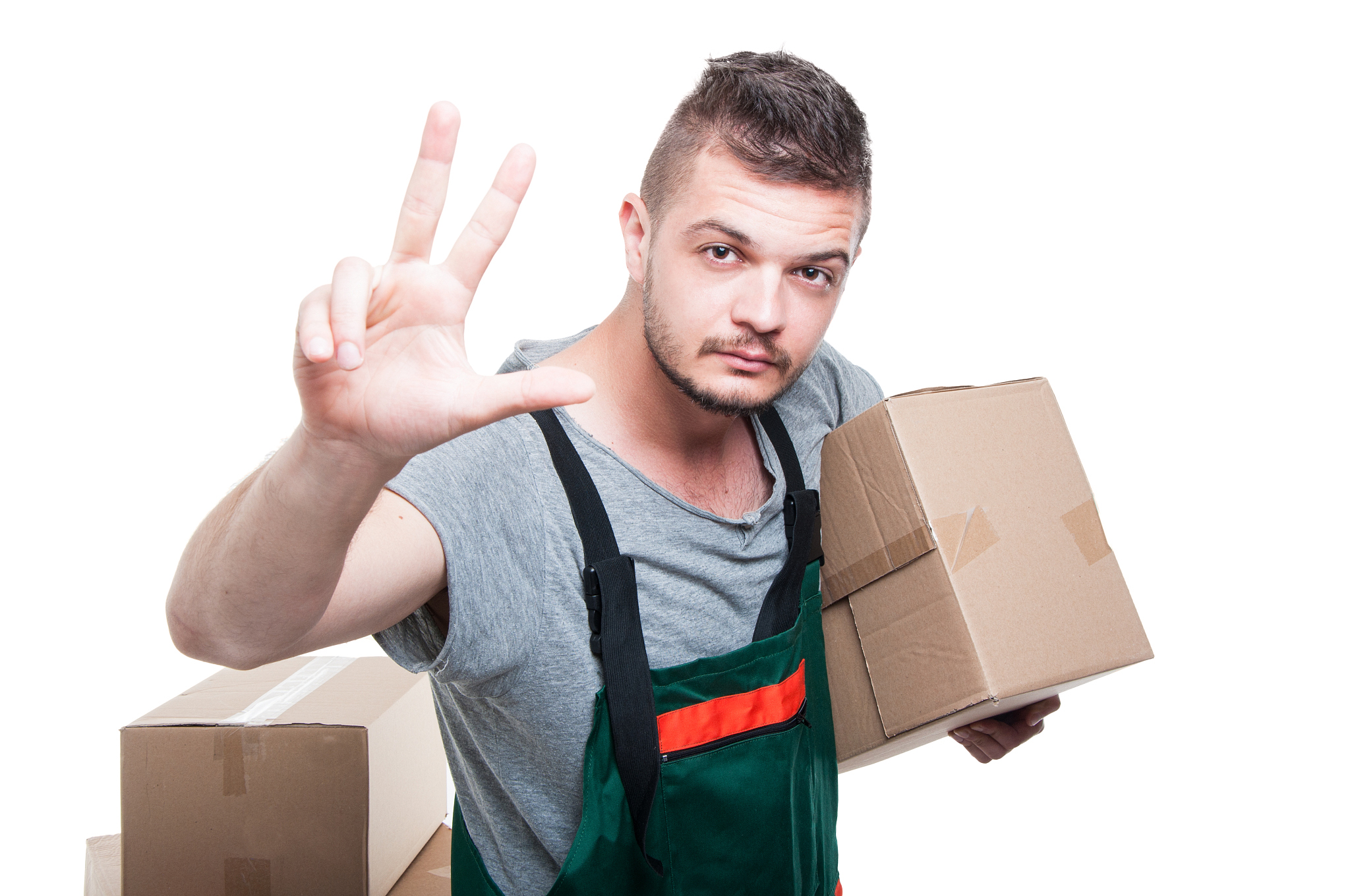 mover guy holding cardboard box showing number three