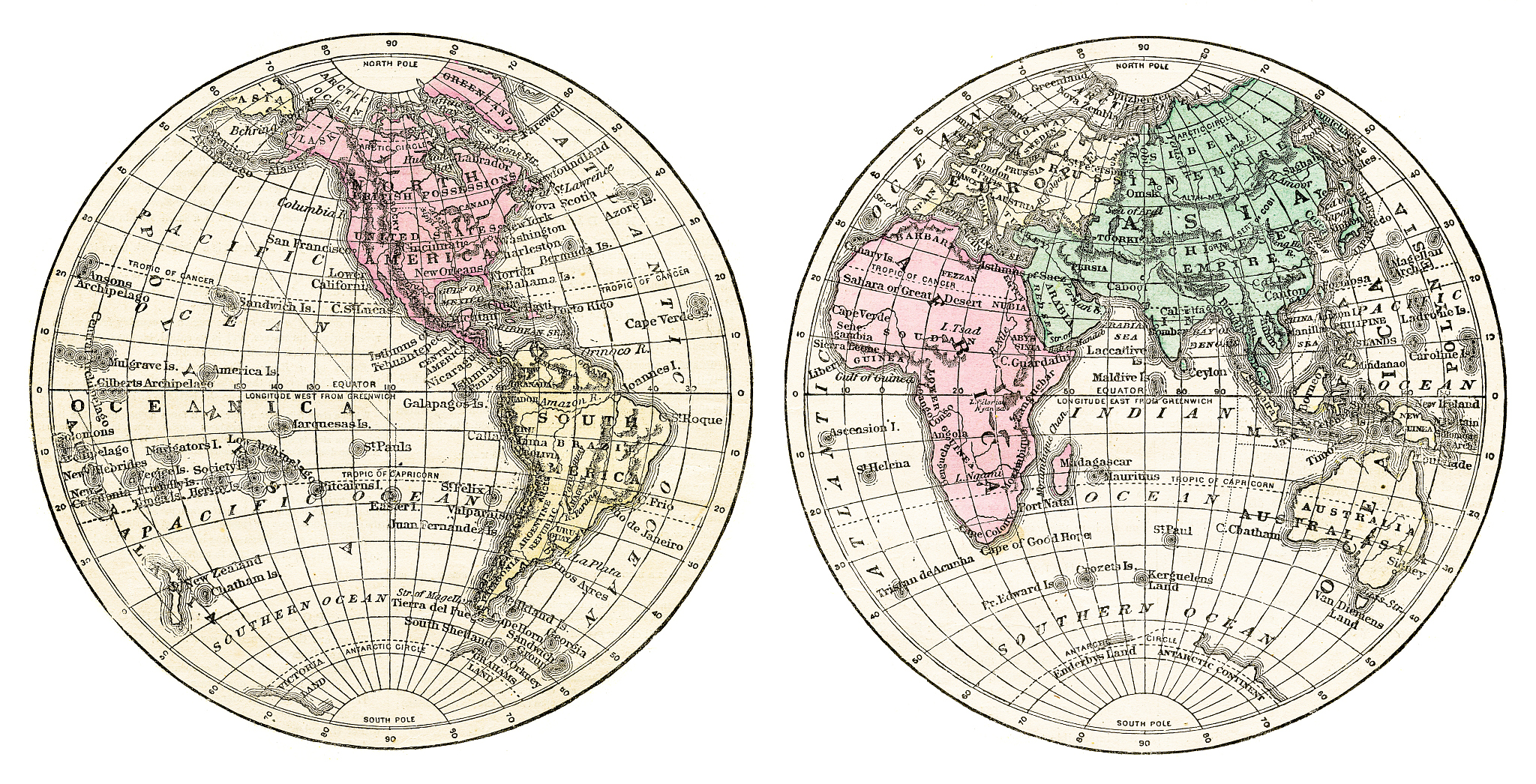 map of the world in hemispheres 1871