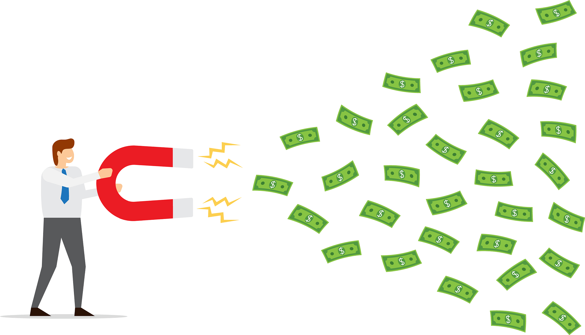 businessman attracting money with a large magnet