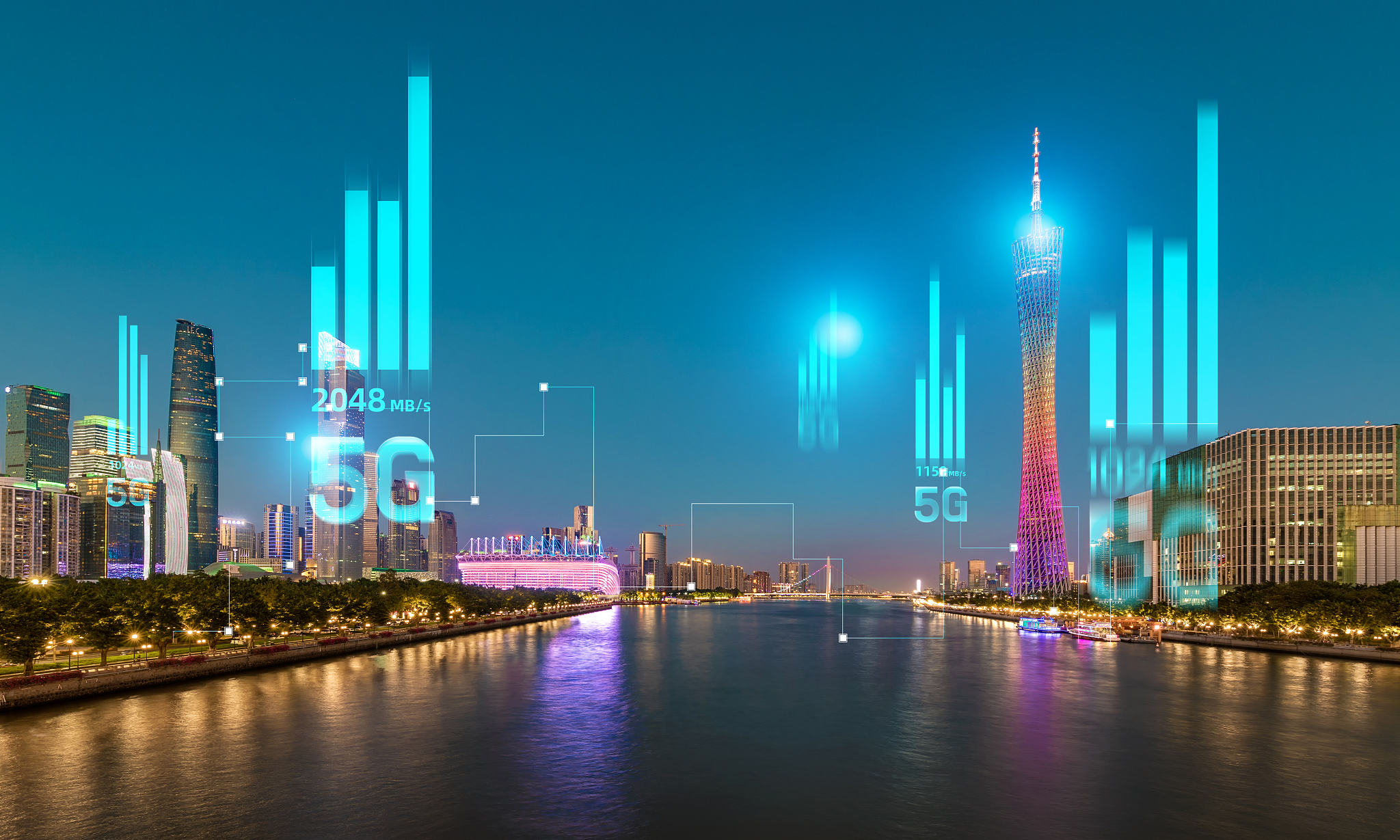 5g网络信号科技快速发展广州珠江全景夜景城市建筑经济中心