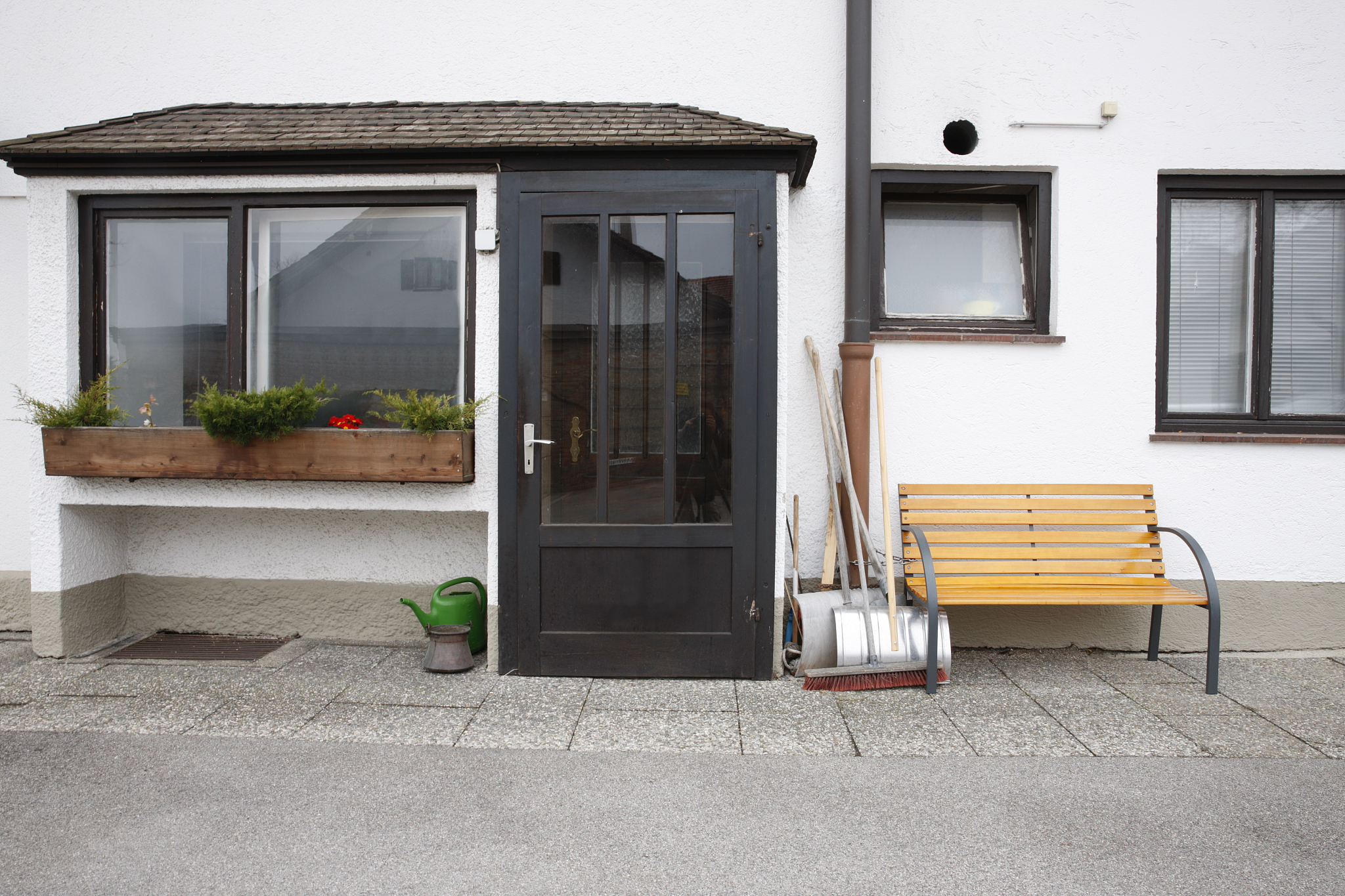 brown front door one third glass window