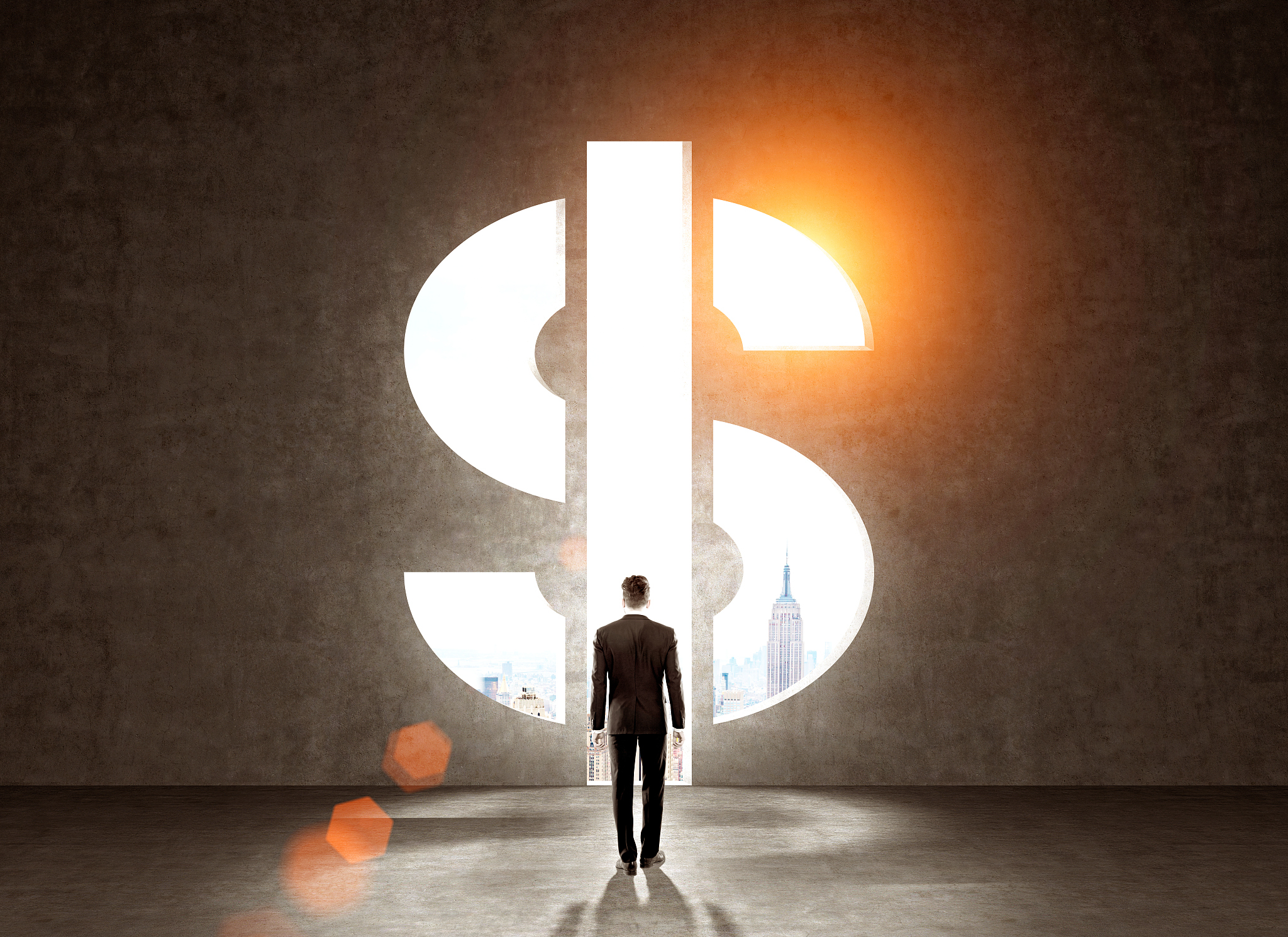 businessman in front of wall with dollar sign