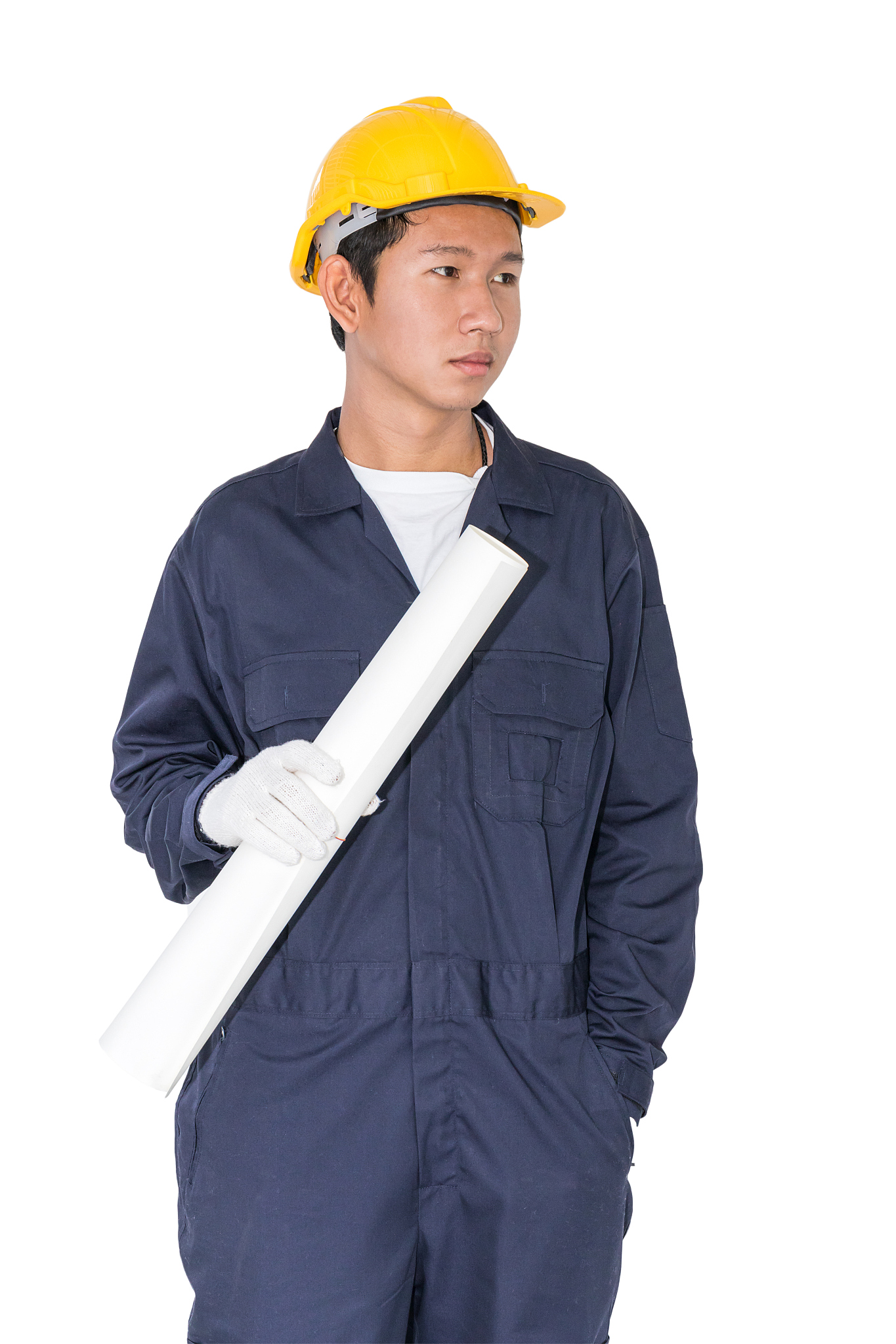 worker holding blueprint on white