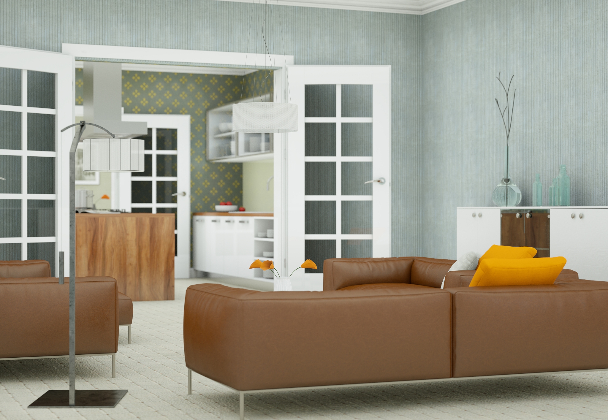 modern living room interior design with brown leather sofas