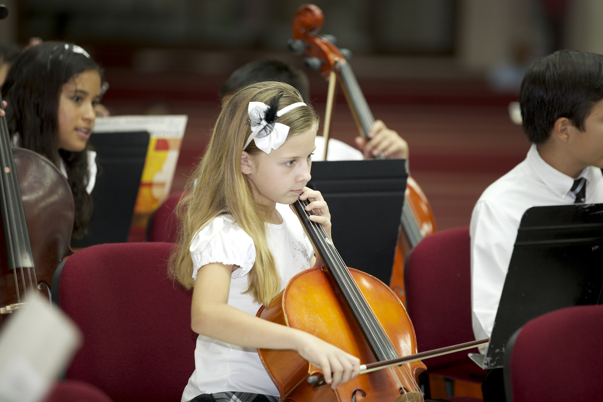 young cellist plays in a concert with the orchestra.