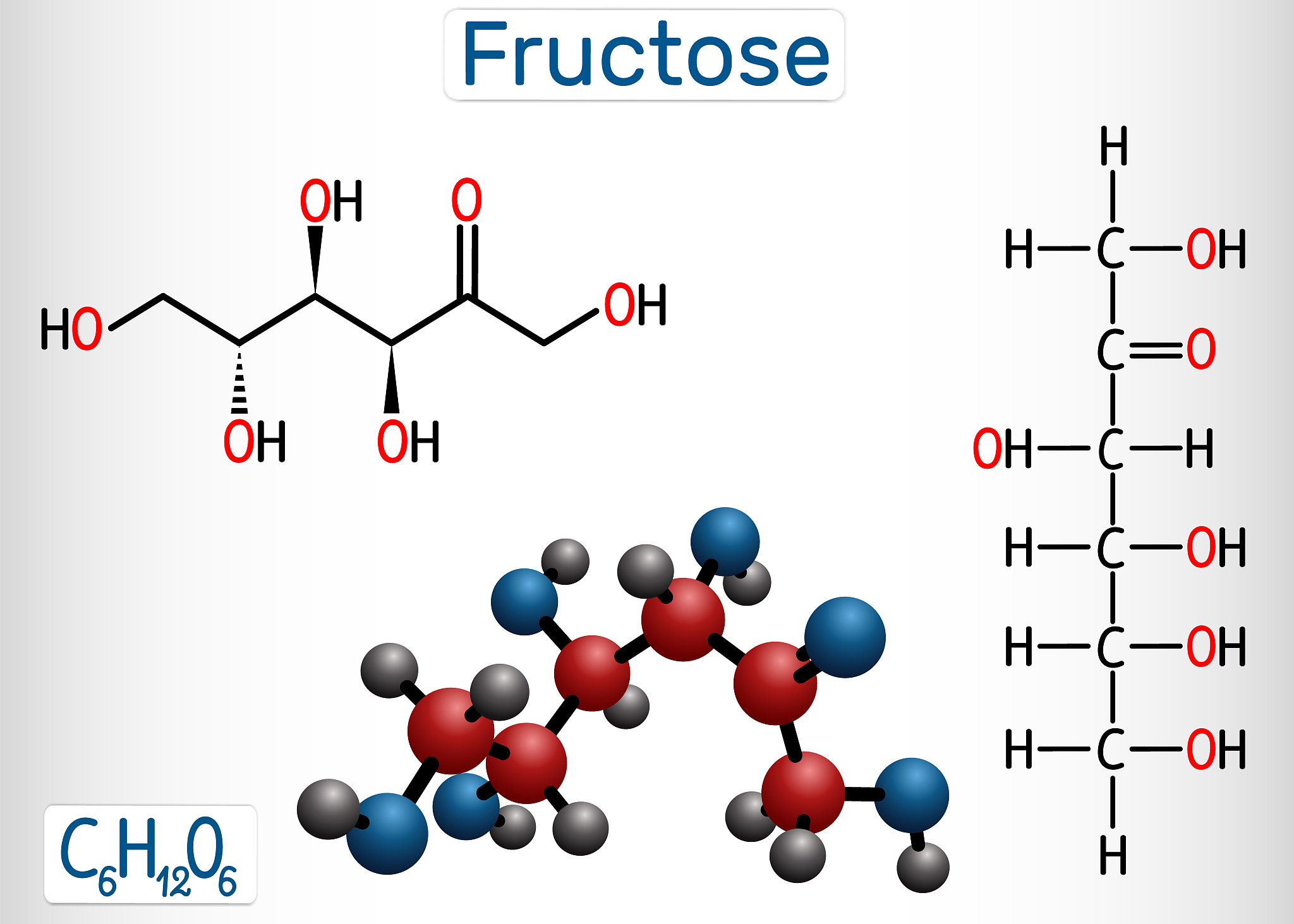 fructose, d-fructose molecule. linear form. structural chemical 
