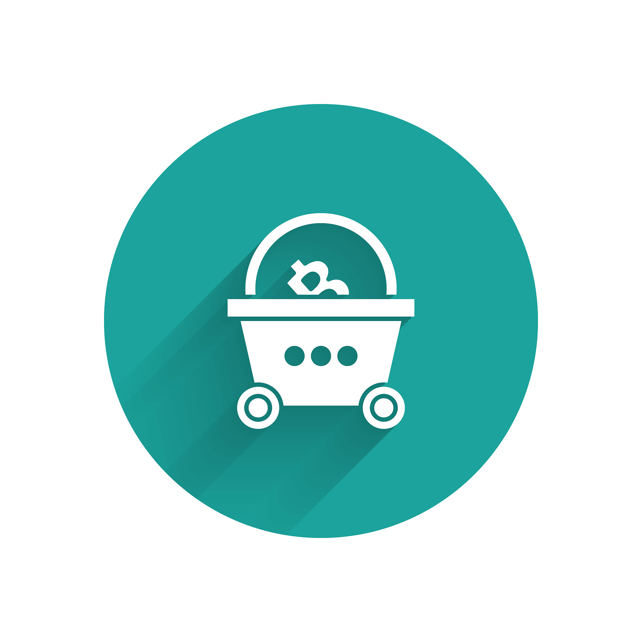 white shopping basket with bitcoin icon isolated with long shado