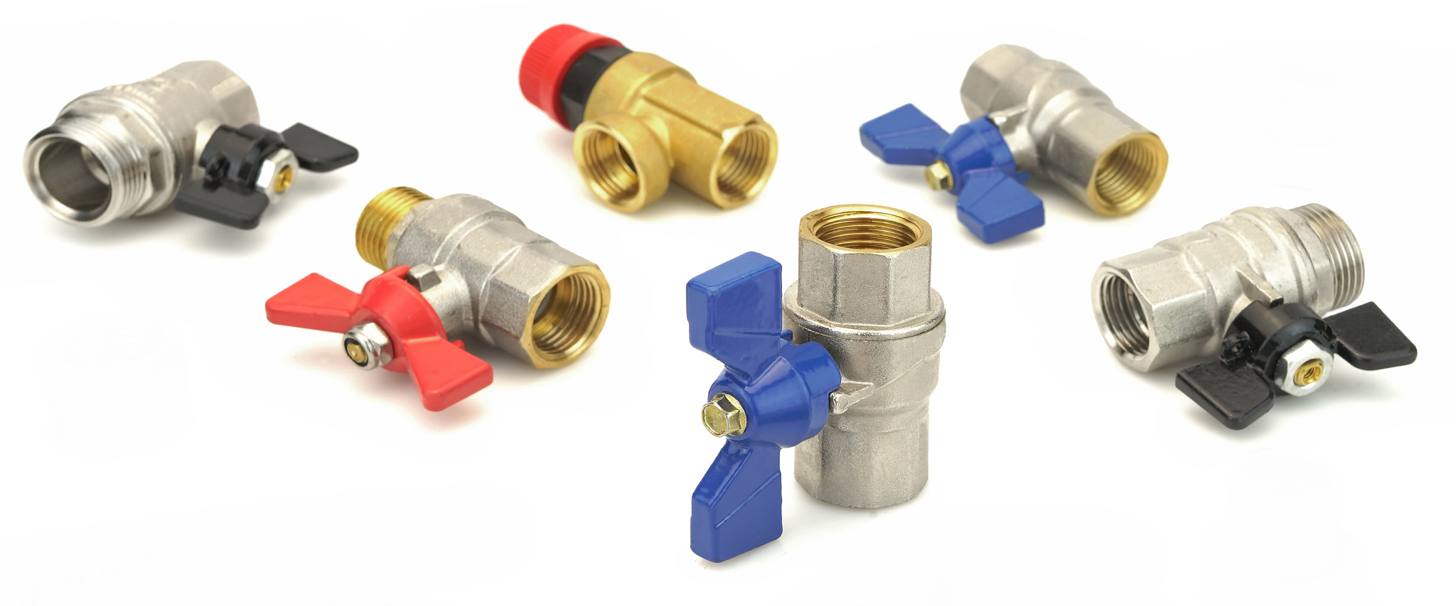 many chrome plated brass ball valve isolated on white background