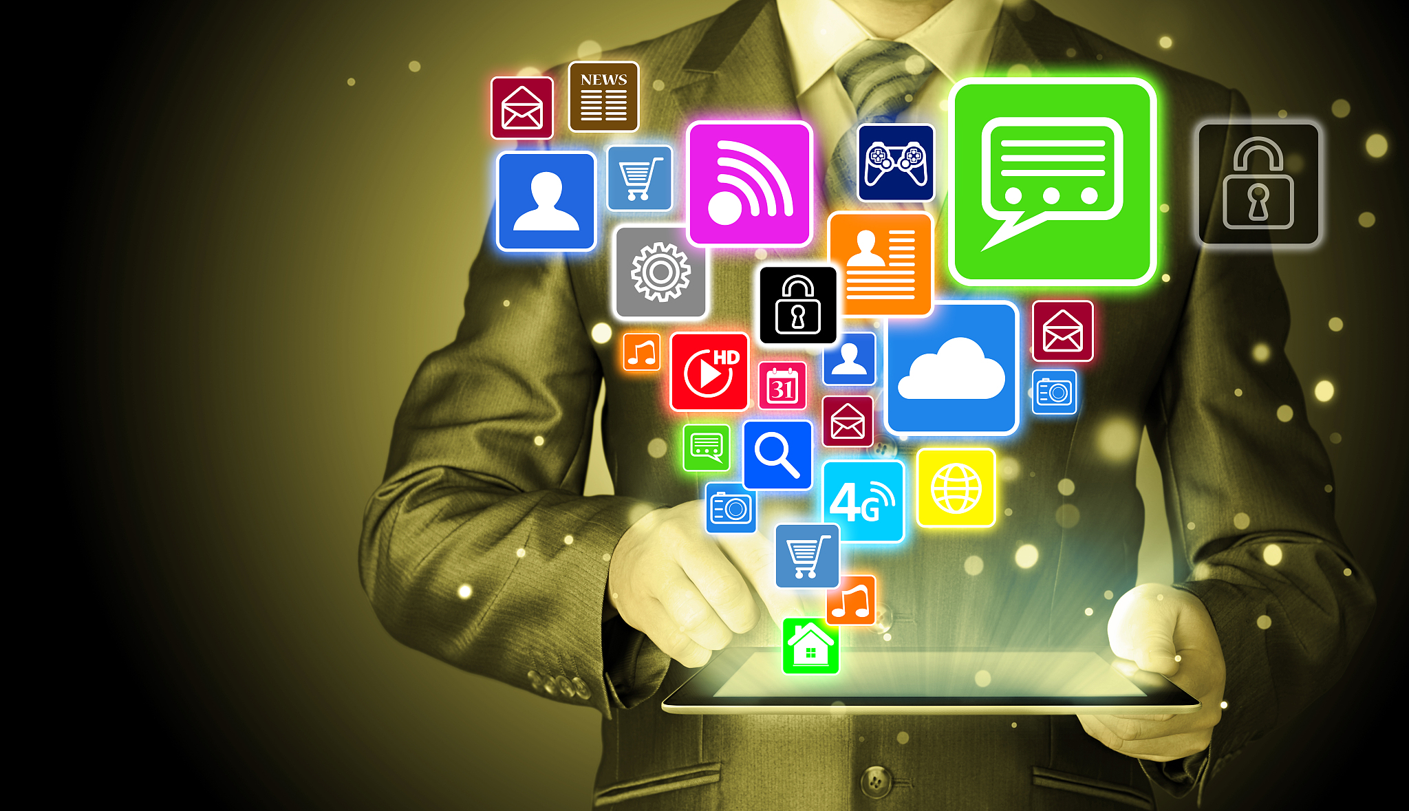 business man using tablet pc with social media icon set