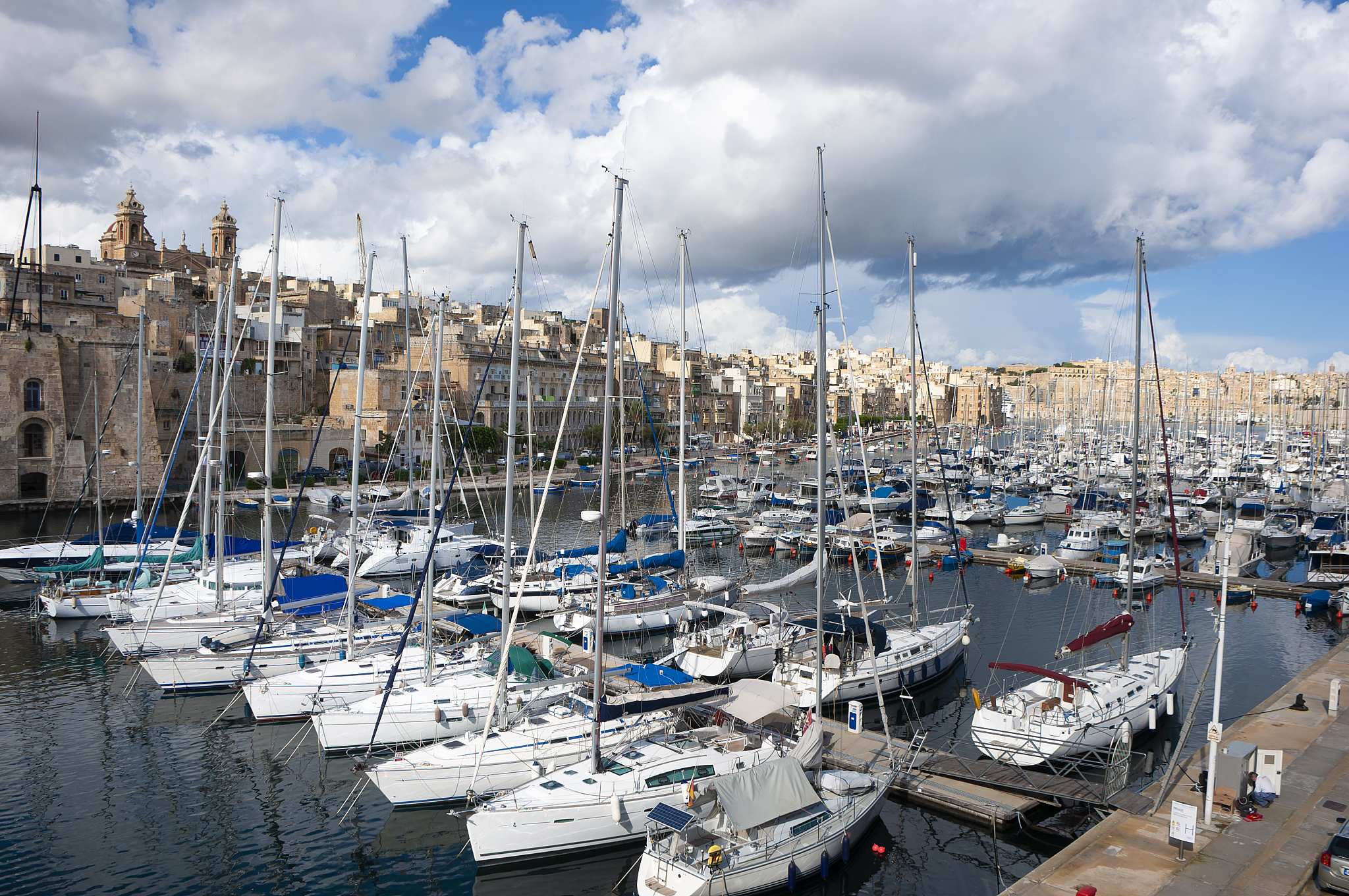 drone aerial photo of senglea, valletta and birgu marina. malta