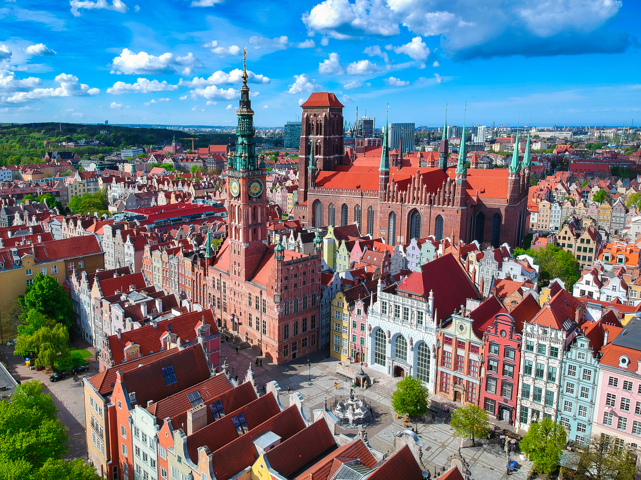 aerial view of the old town in gdansk with amazing architecture,