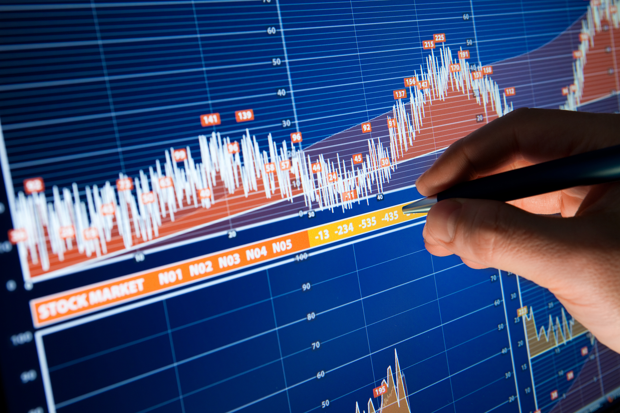 hand with pen touching computer monitor showing financial data