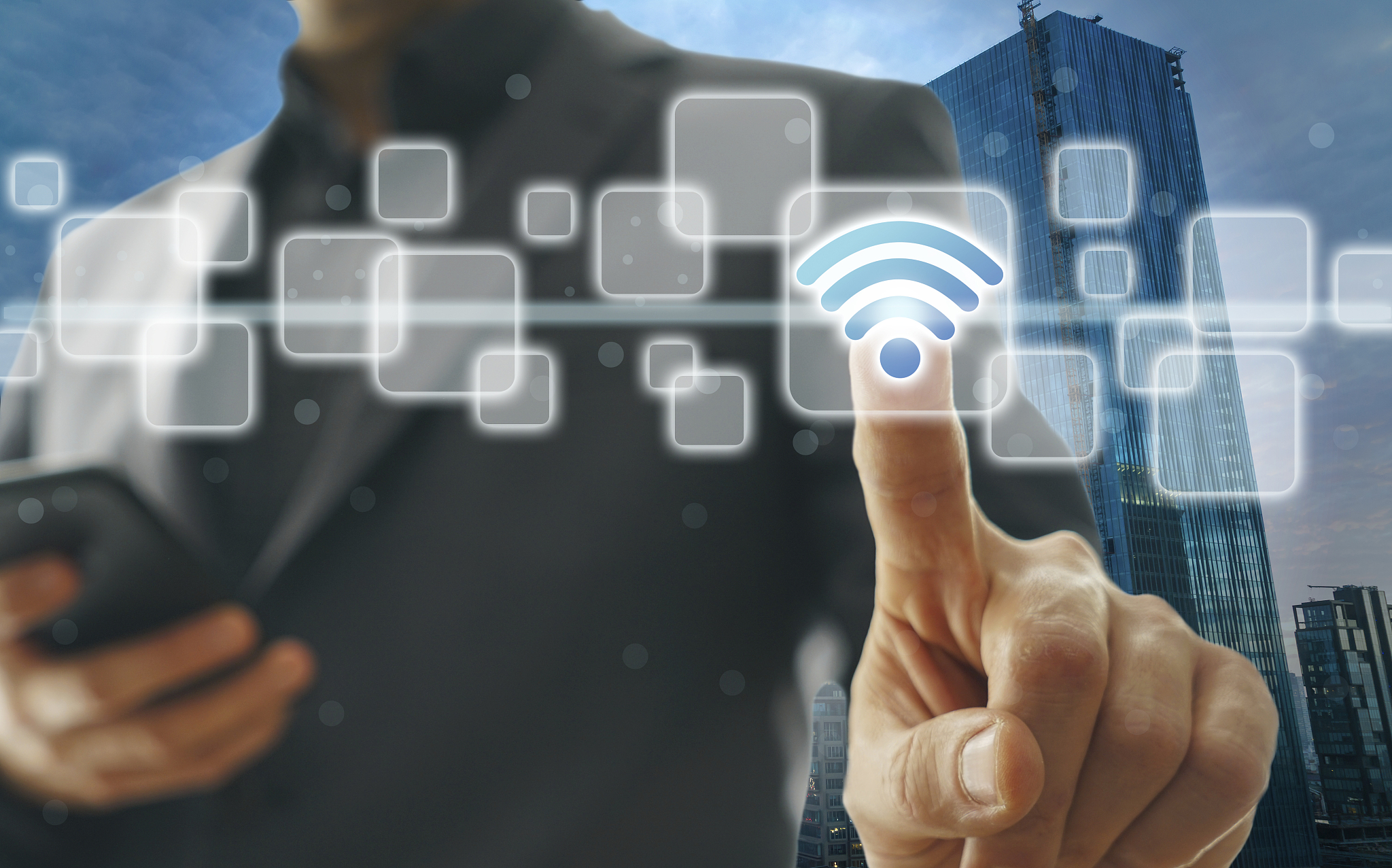 smart city and internet of things. business person and technolog