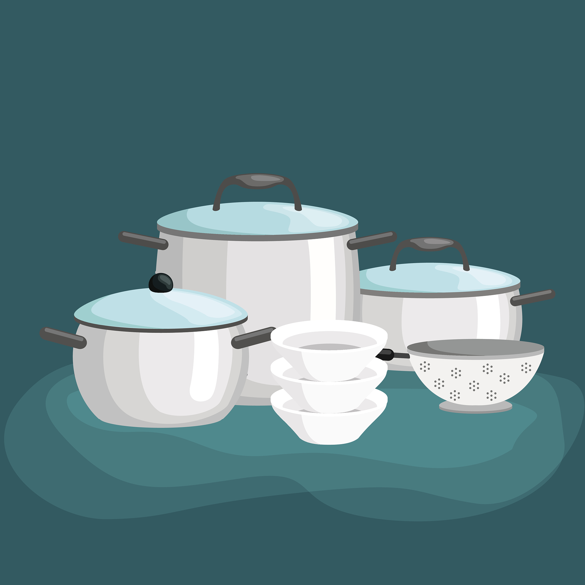 domestic cooking tools and equipment, pans  pots realistic set w