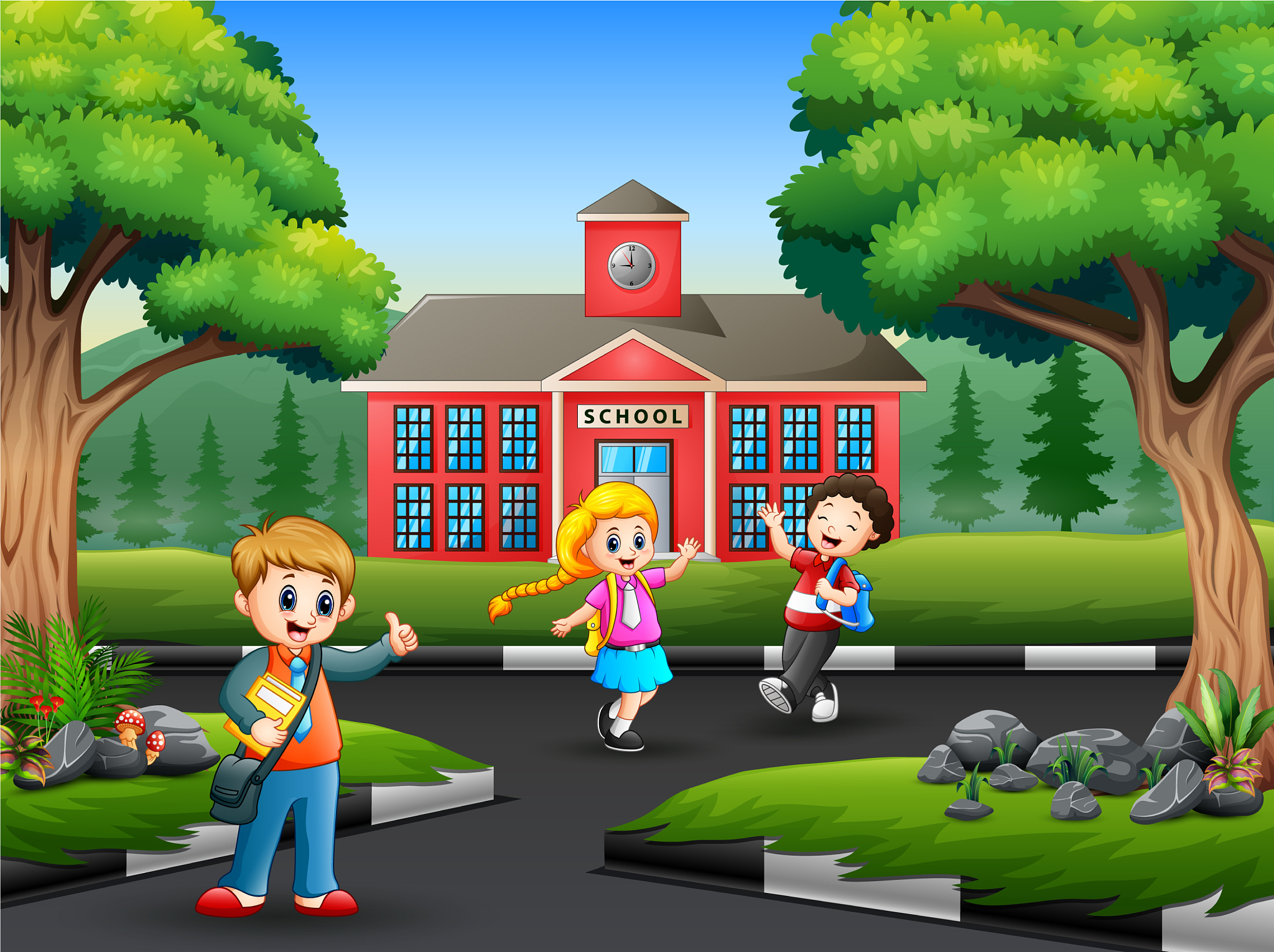 happy kids say goodbye with friend after school