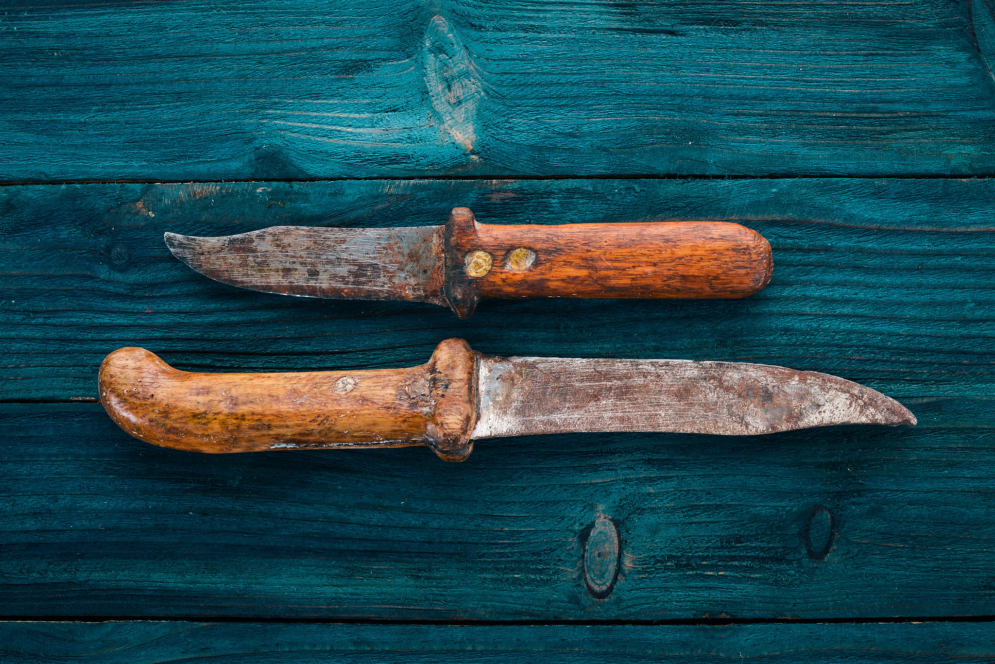 old knife kitchen utensils. free space for text. top view.