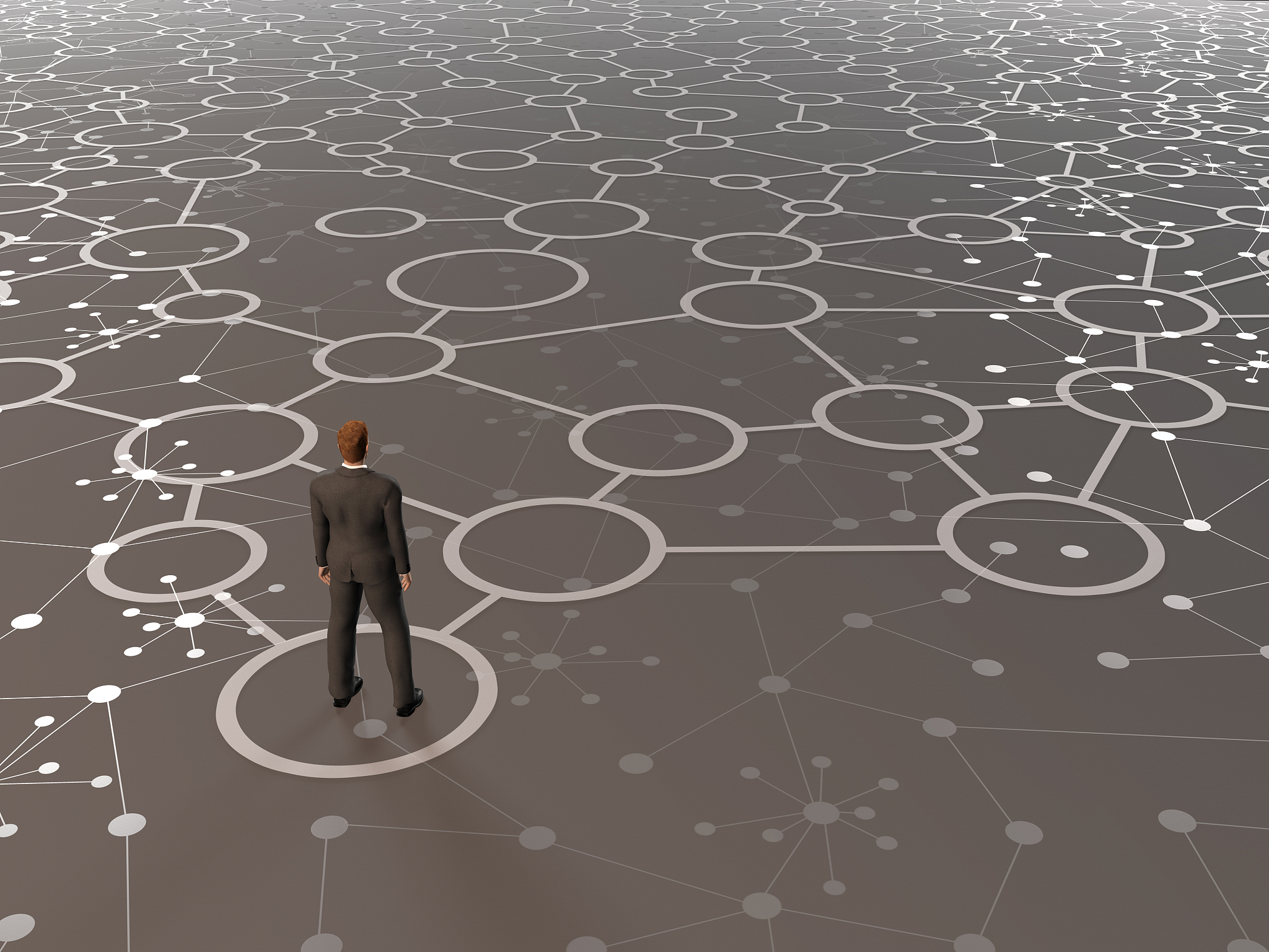 business challenge: businessman stands on network, start connect
