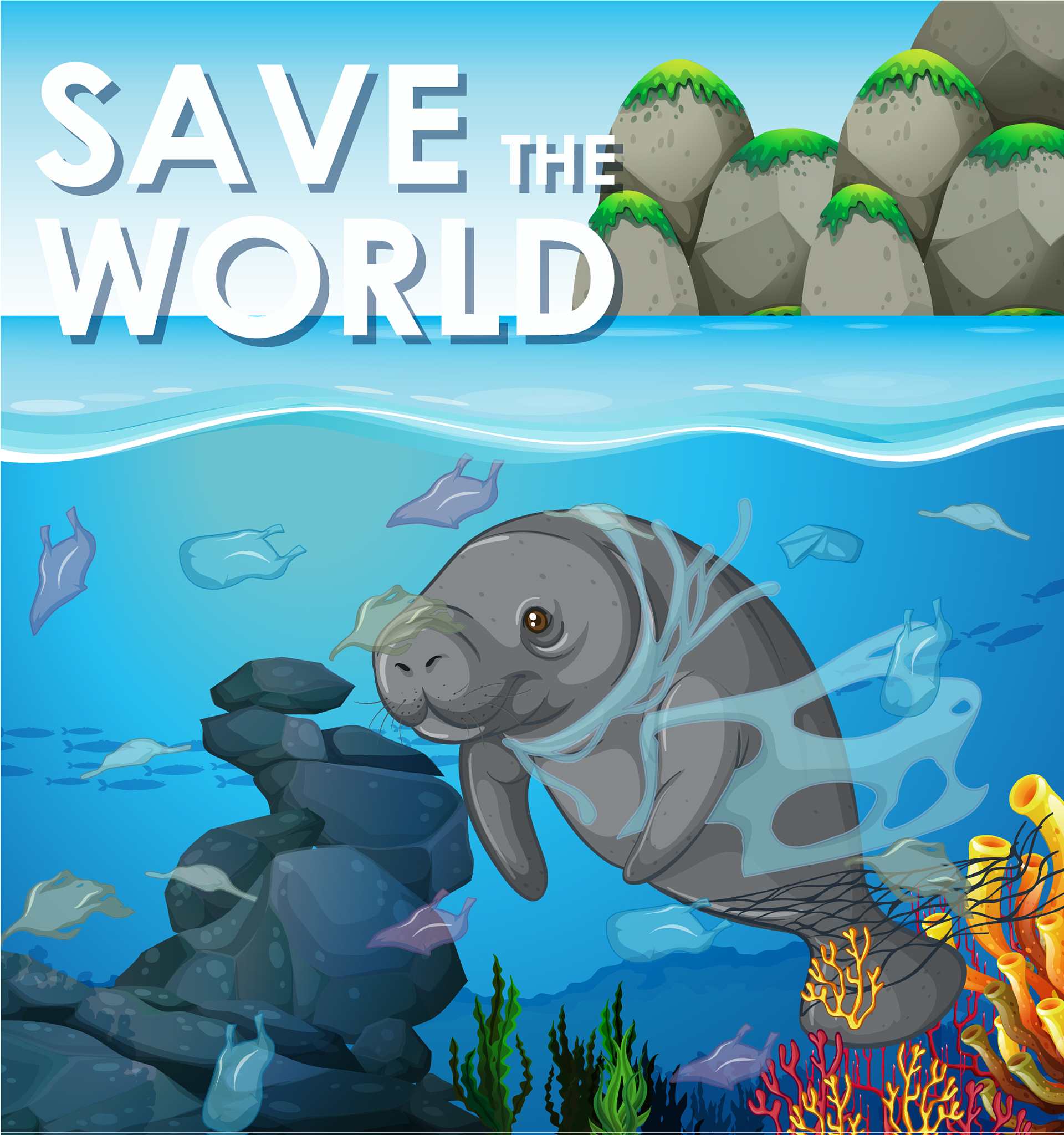 pollution control scene with manatee underwater