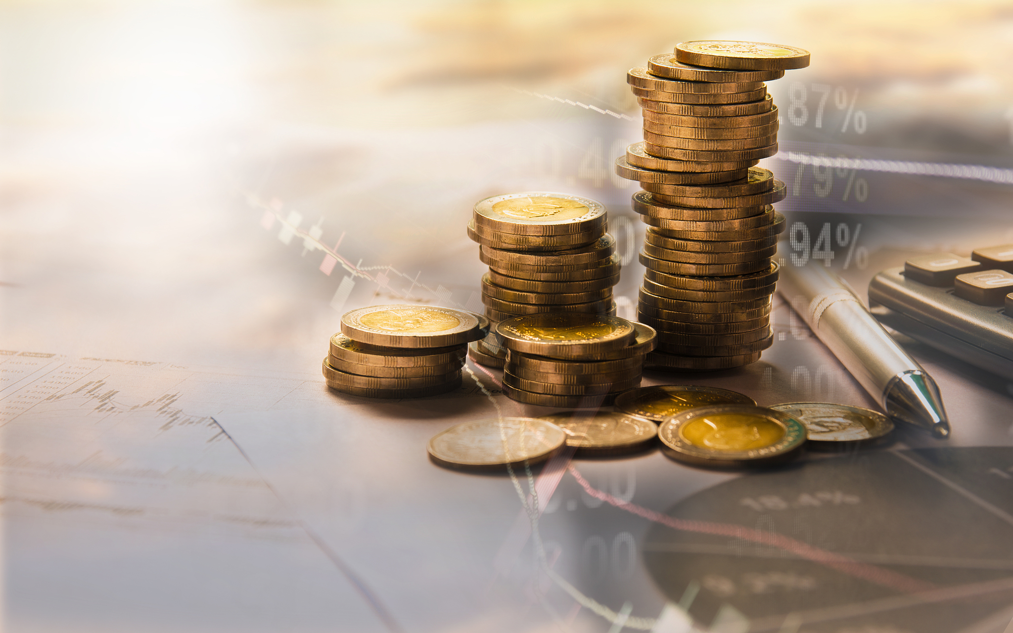 double exposure stock financial indices with stack coin. financi