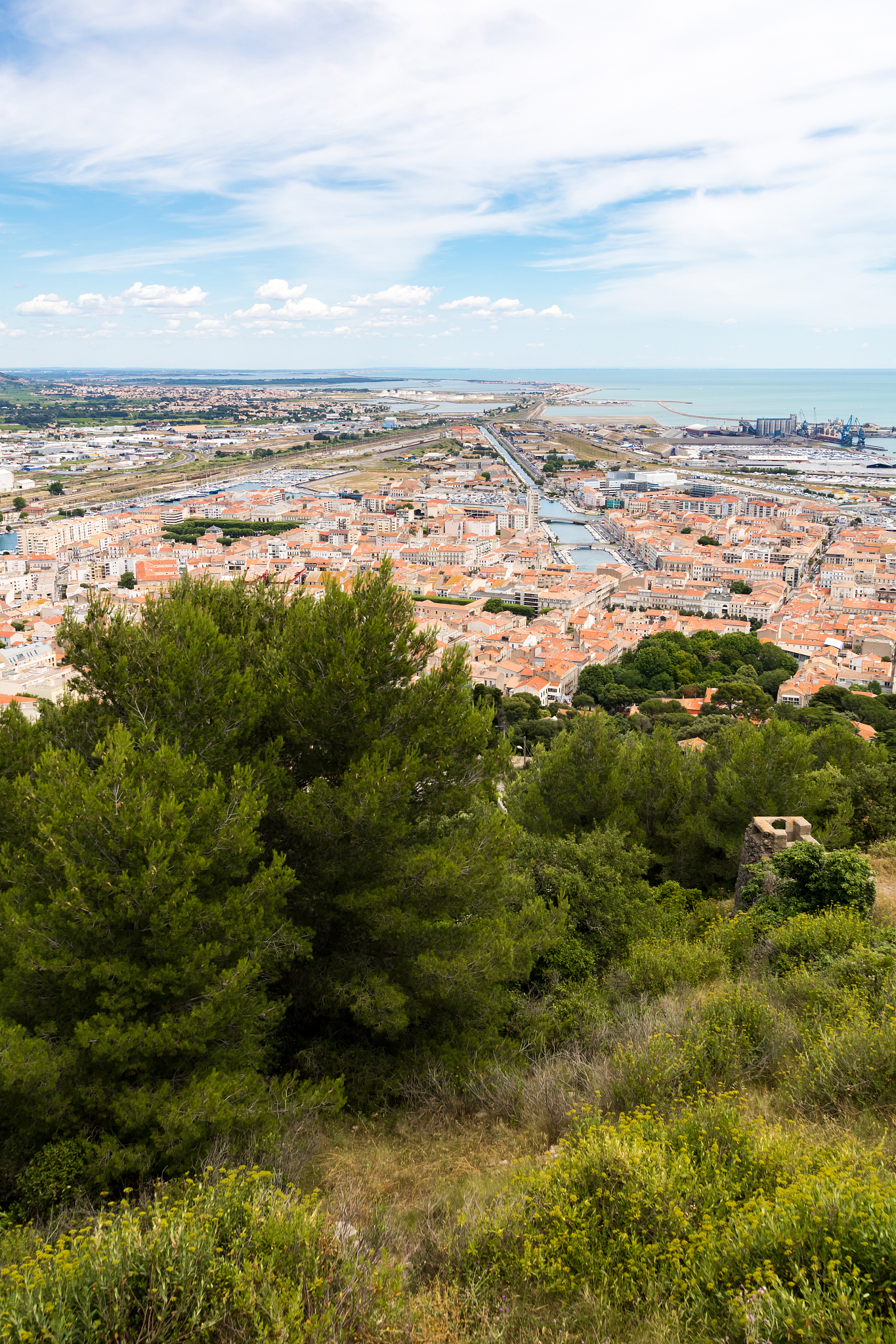 view of the city of sète, the etang de thau and the mediterrane