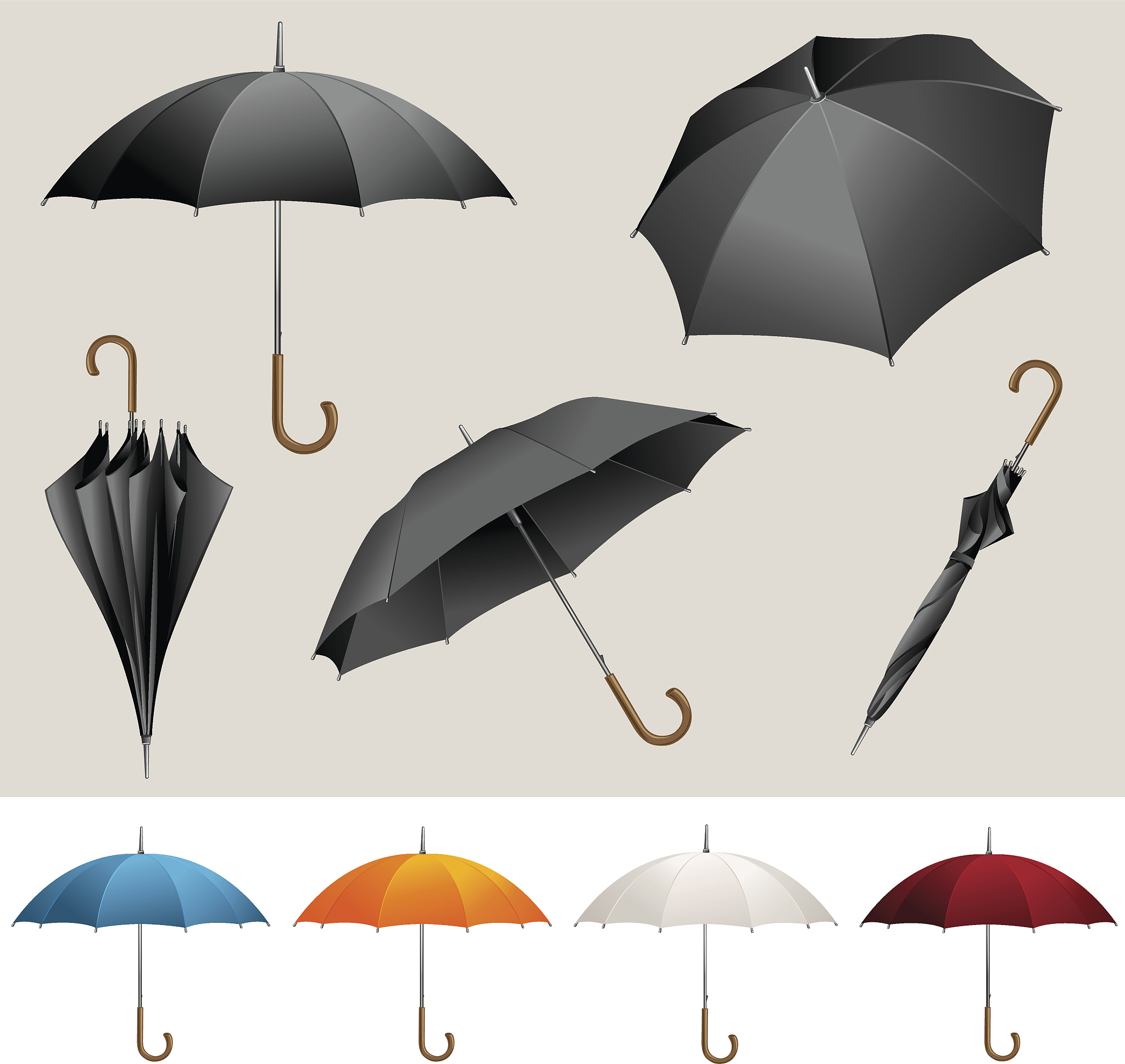 collection of opened, folded, top view vector black umbrellas
