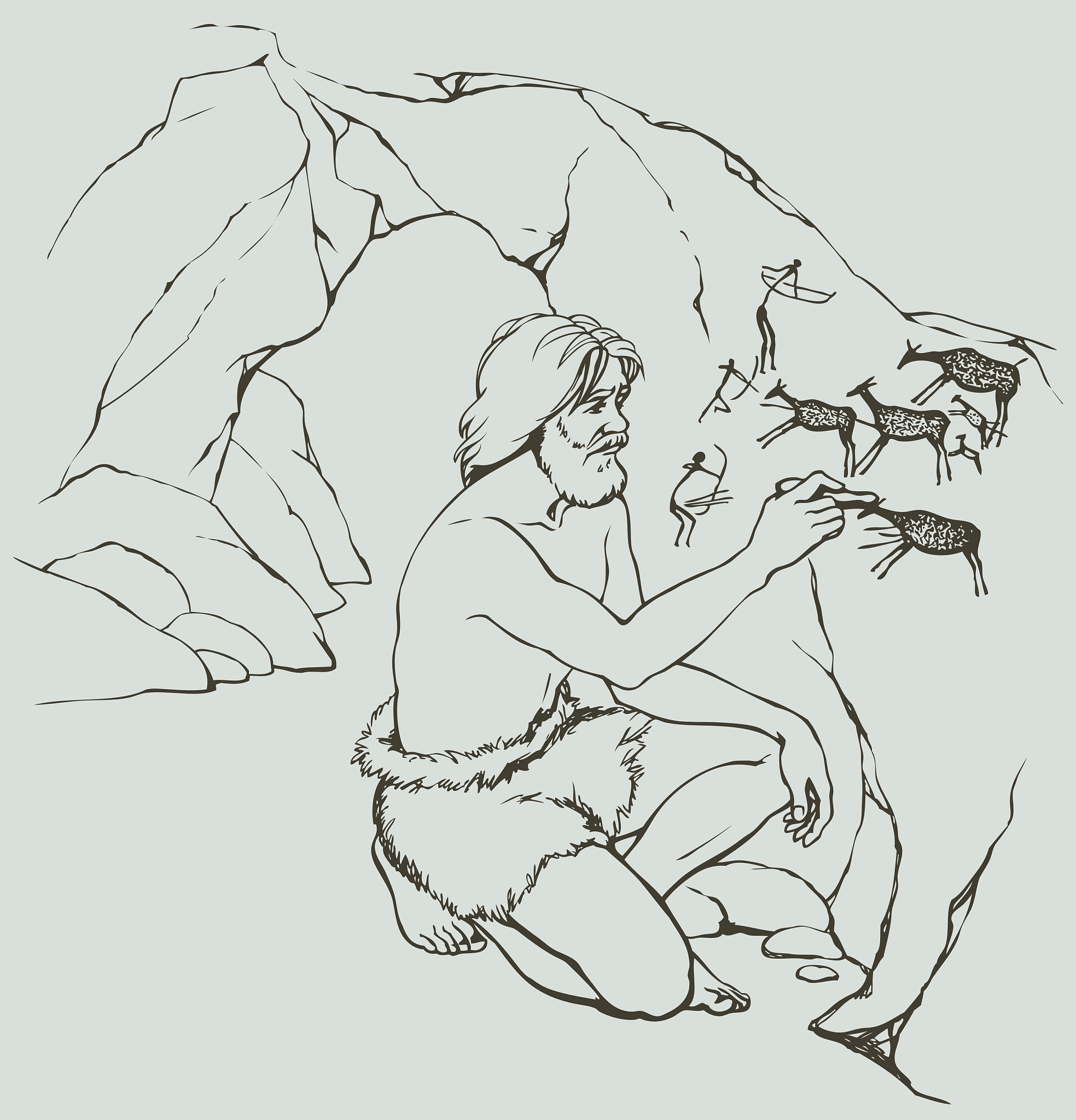 primitive man draws on stone wall of cave