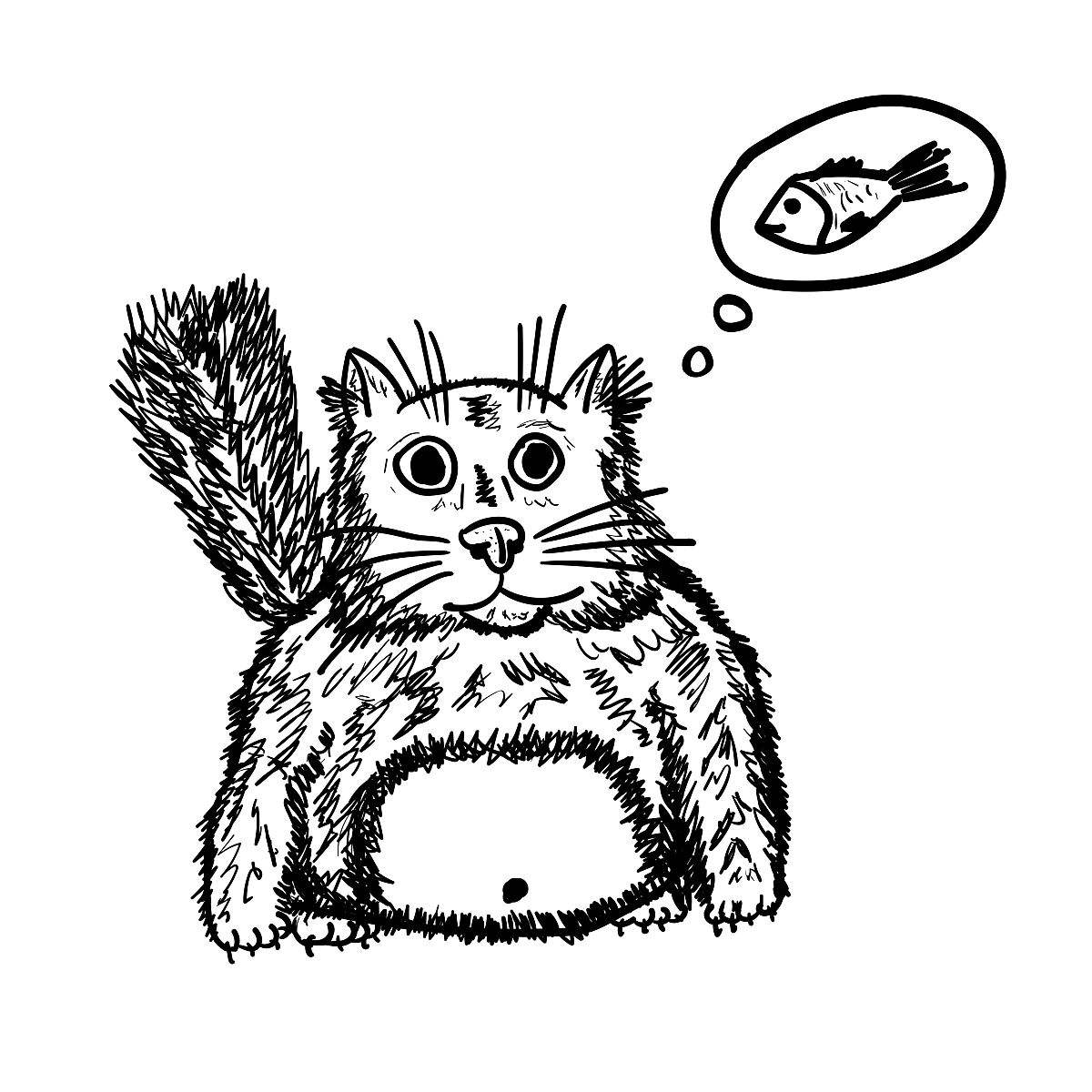 毛茸茸的肥猫<strong>梦到</strong>了鱼.一个原始草图.有趣的矢量插画手绘.
