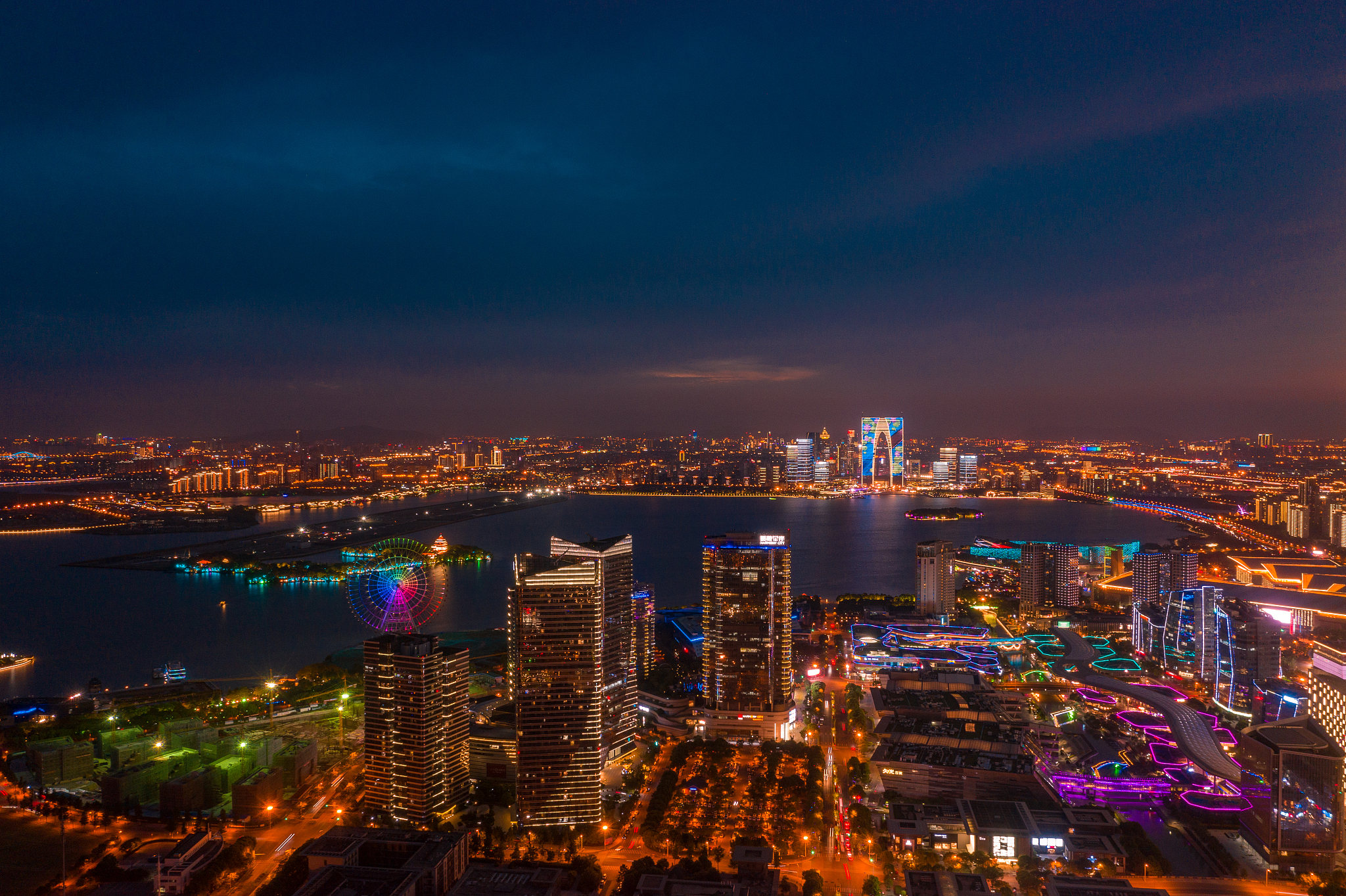 航拍苏州金鸡湖城市风光夜景