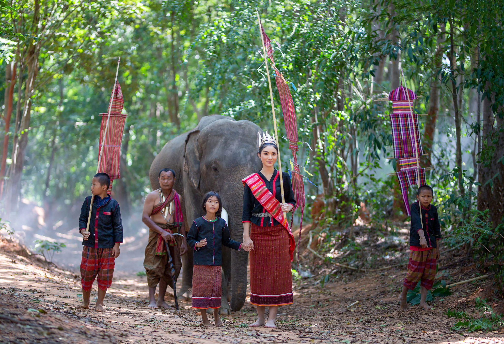 people with elephant in forest