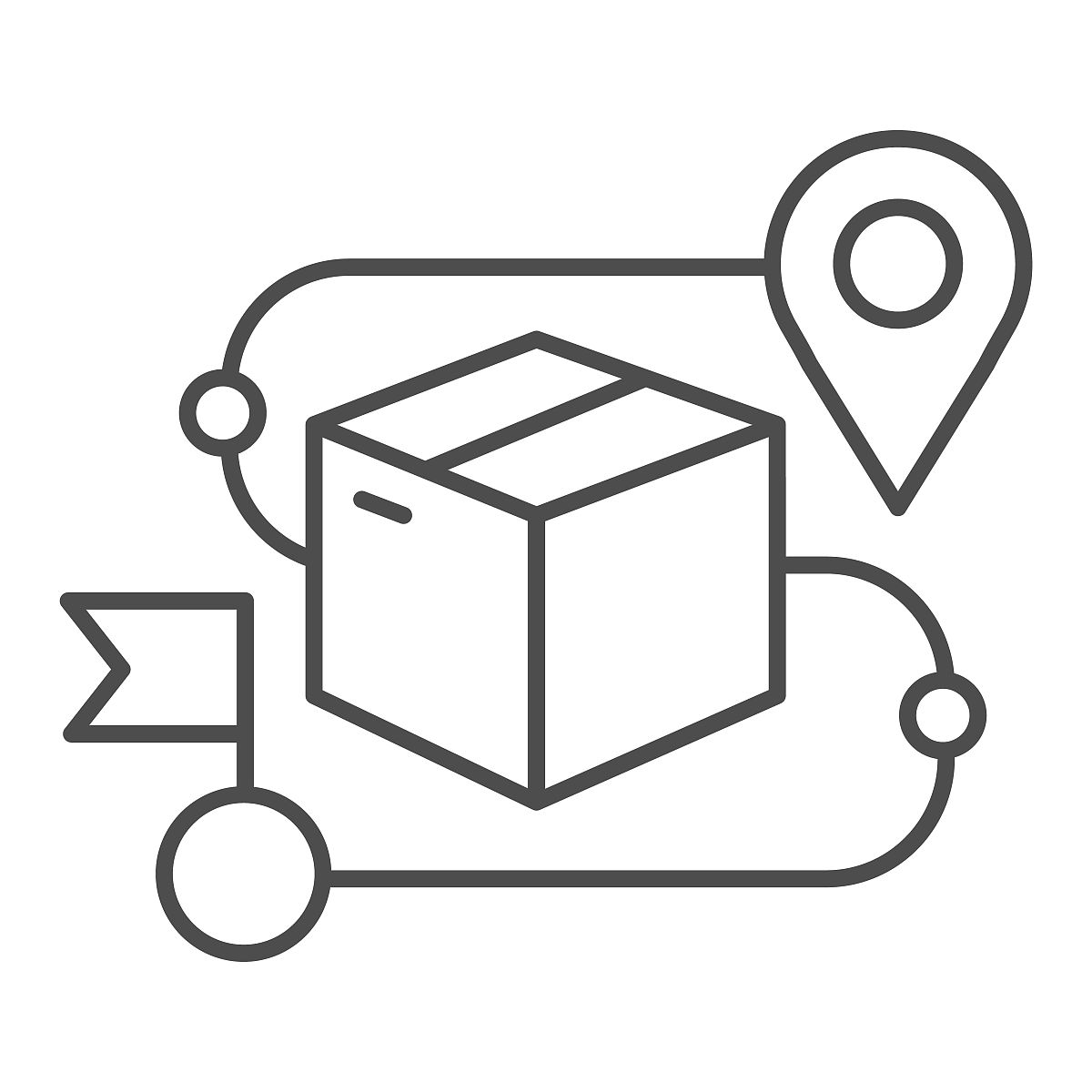 产品盒和地图针细线图标,发货标志,包装跟踪矢量标志上的白色背景,纸