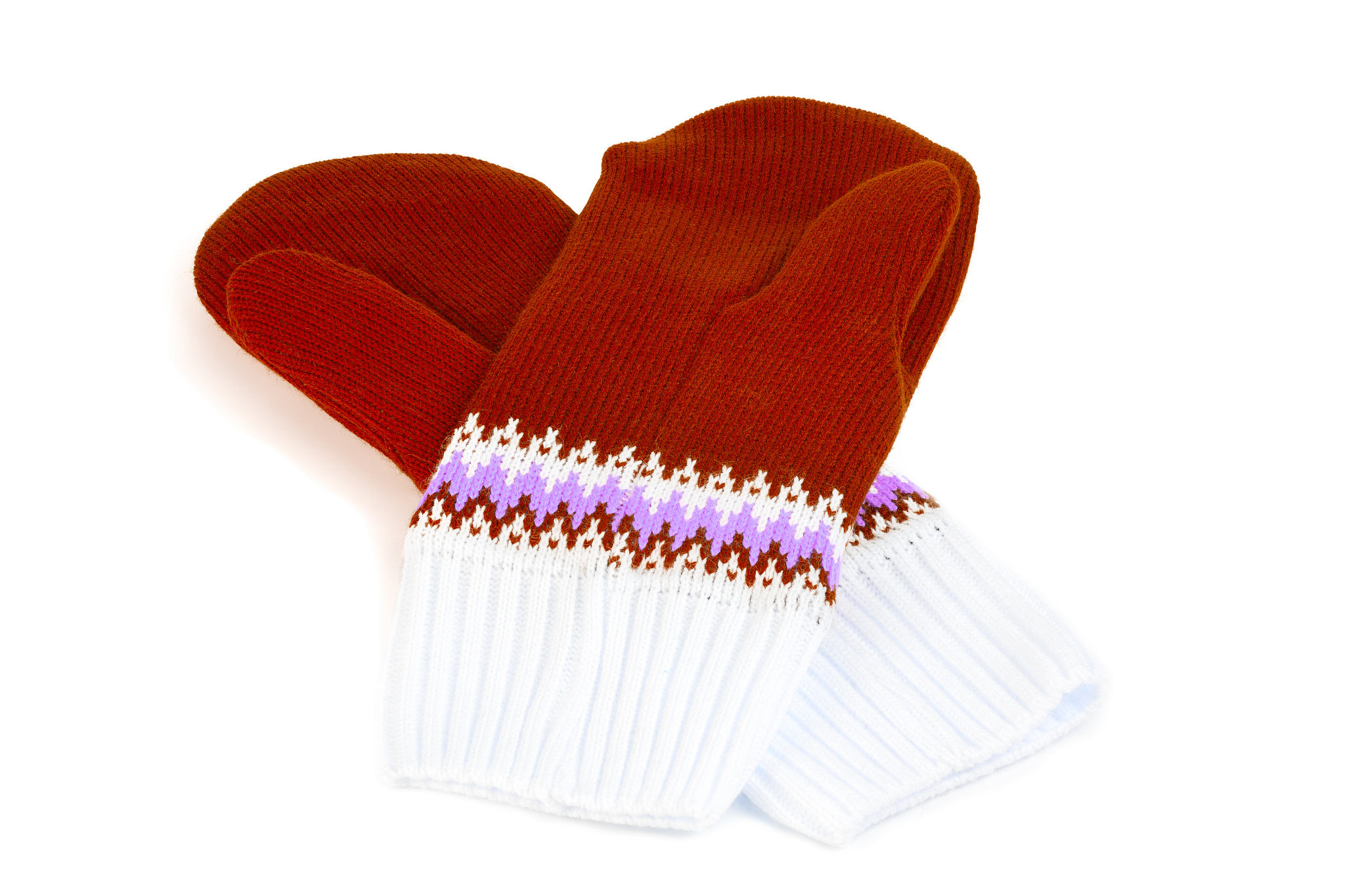 red and white knited mittens isolated on white background