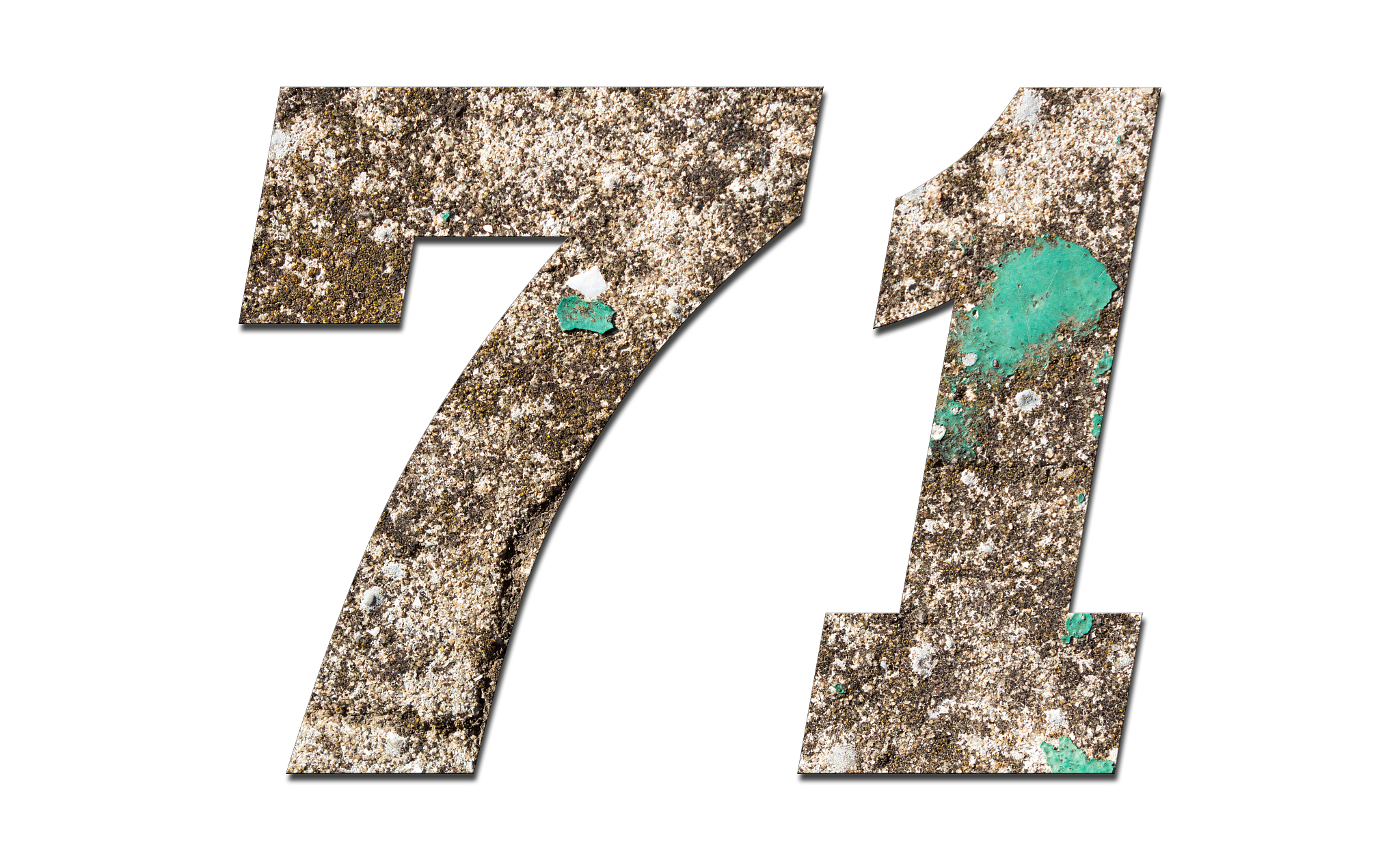 number 71 with old wall on white background,stone number