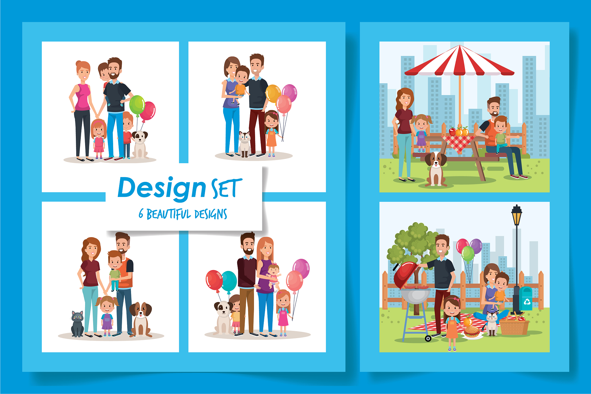 six designs cute family in different places
