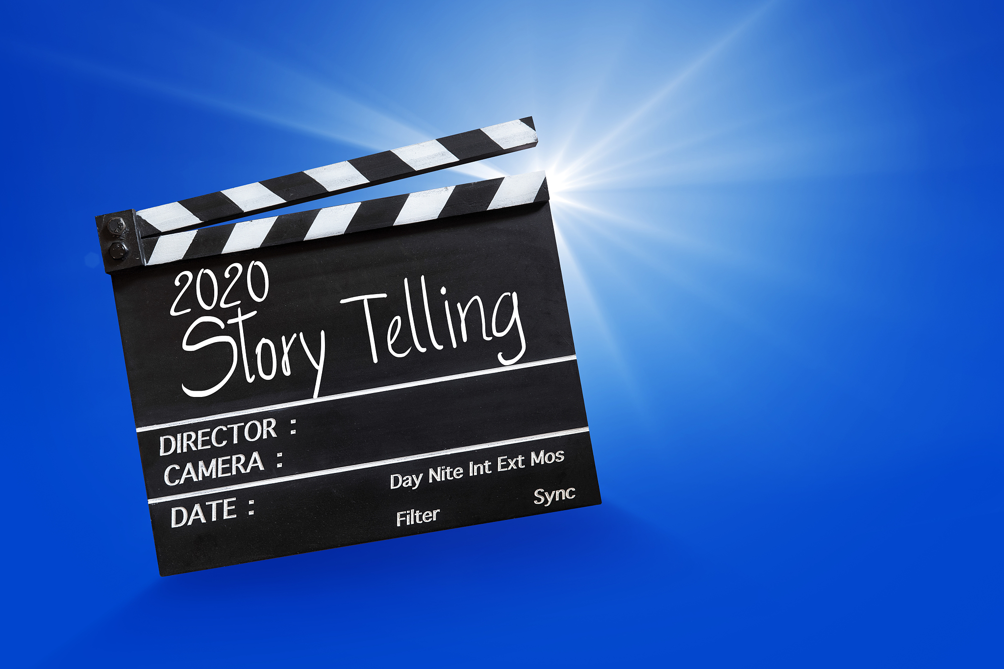 2020 story telling,word title on film slate.