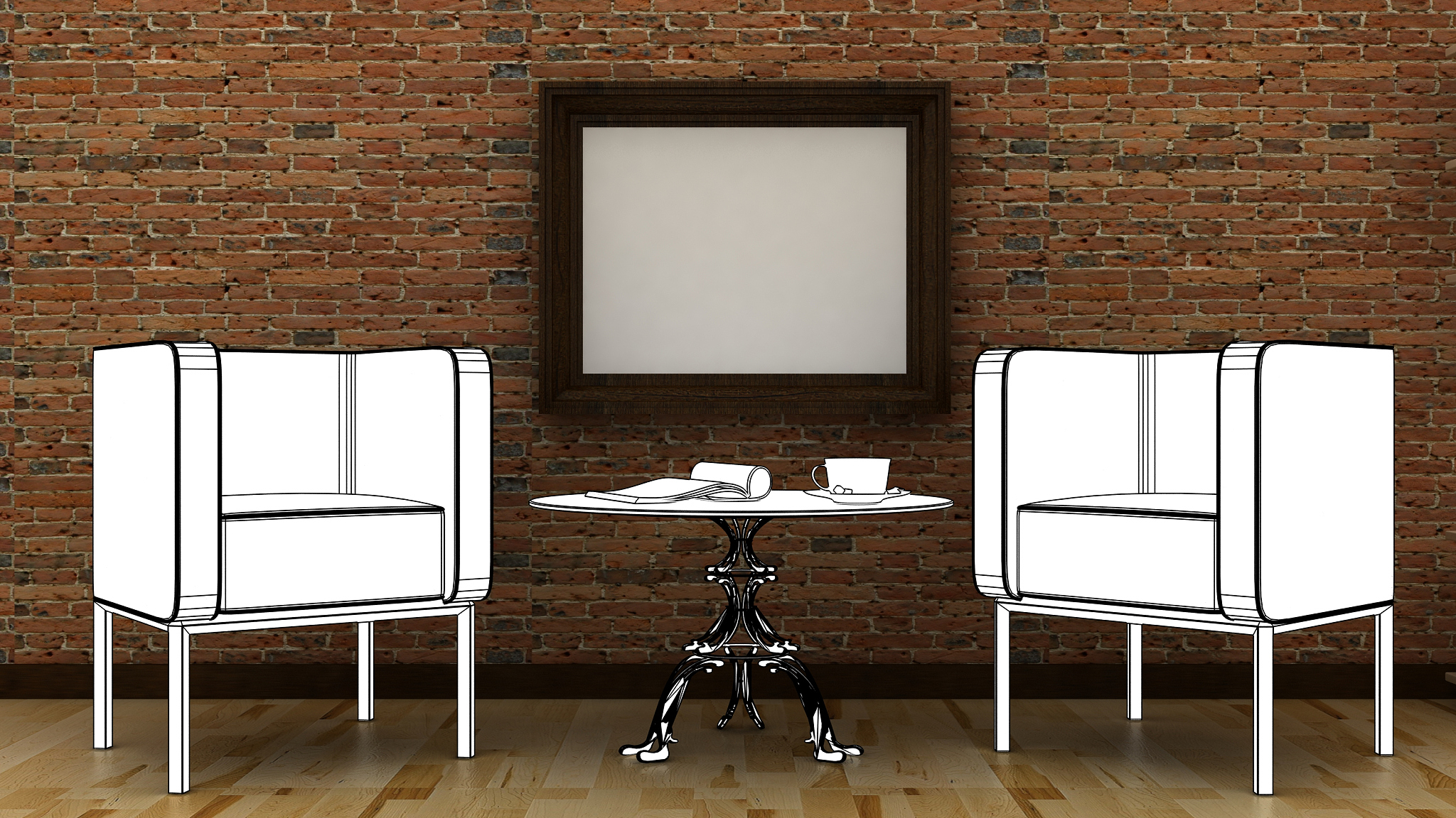 interior decoration with arm chair, lamp, vase, table and pictur