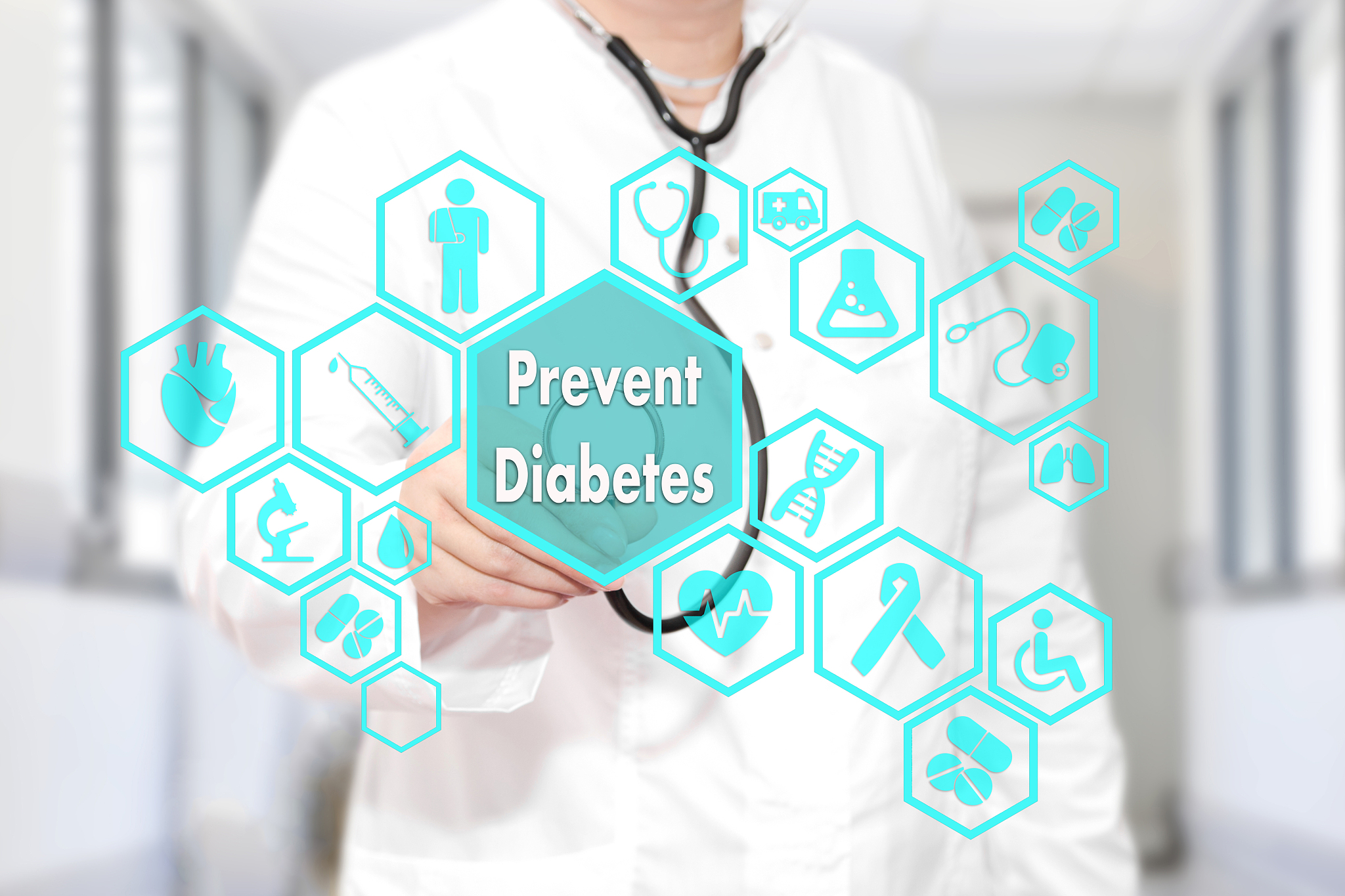 prevent diabetes . medical doctor with stethoscope and word prev