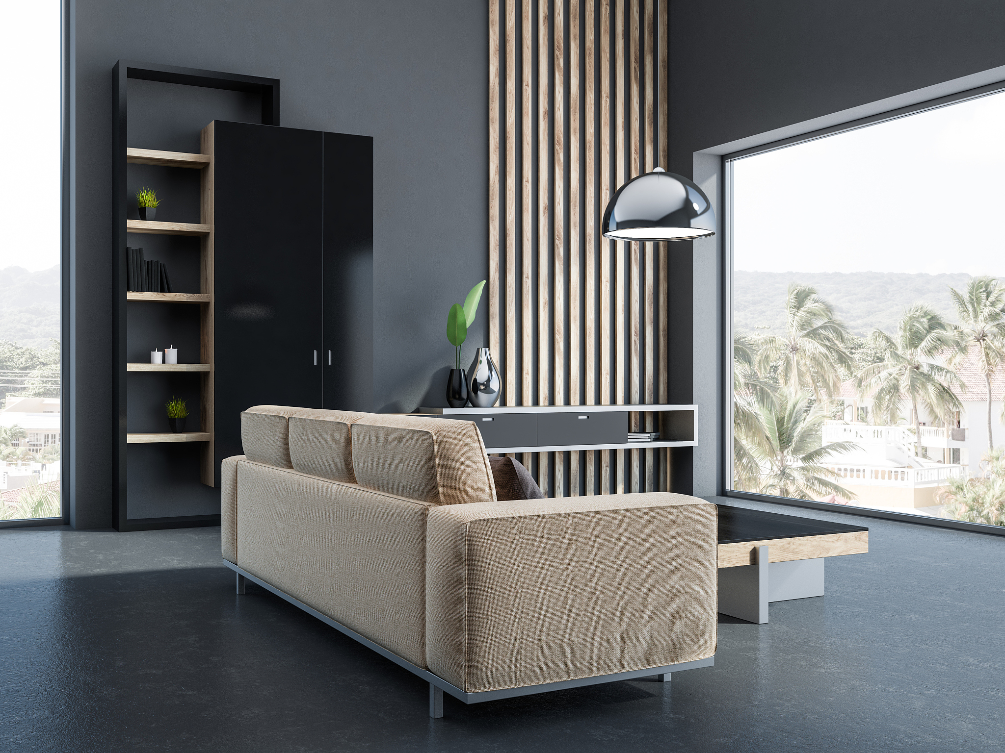 beige sofa and bookcase living room, gray