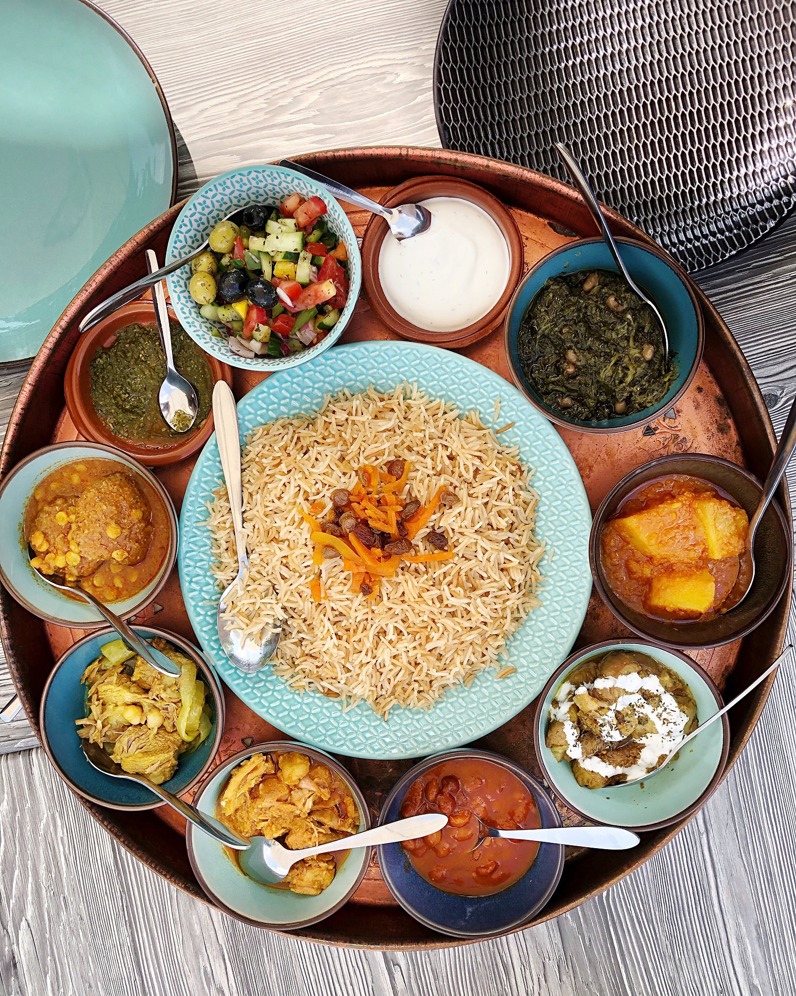 high angle view of afghan food on table