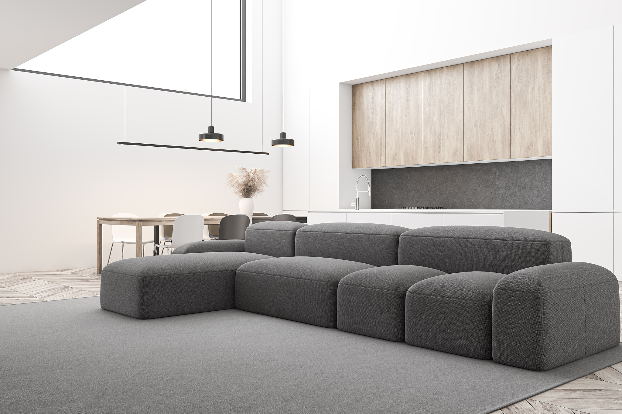 gray sofa in modern living room and kitchen