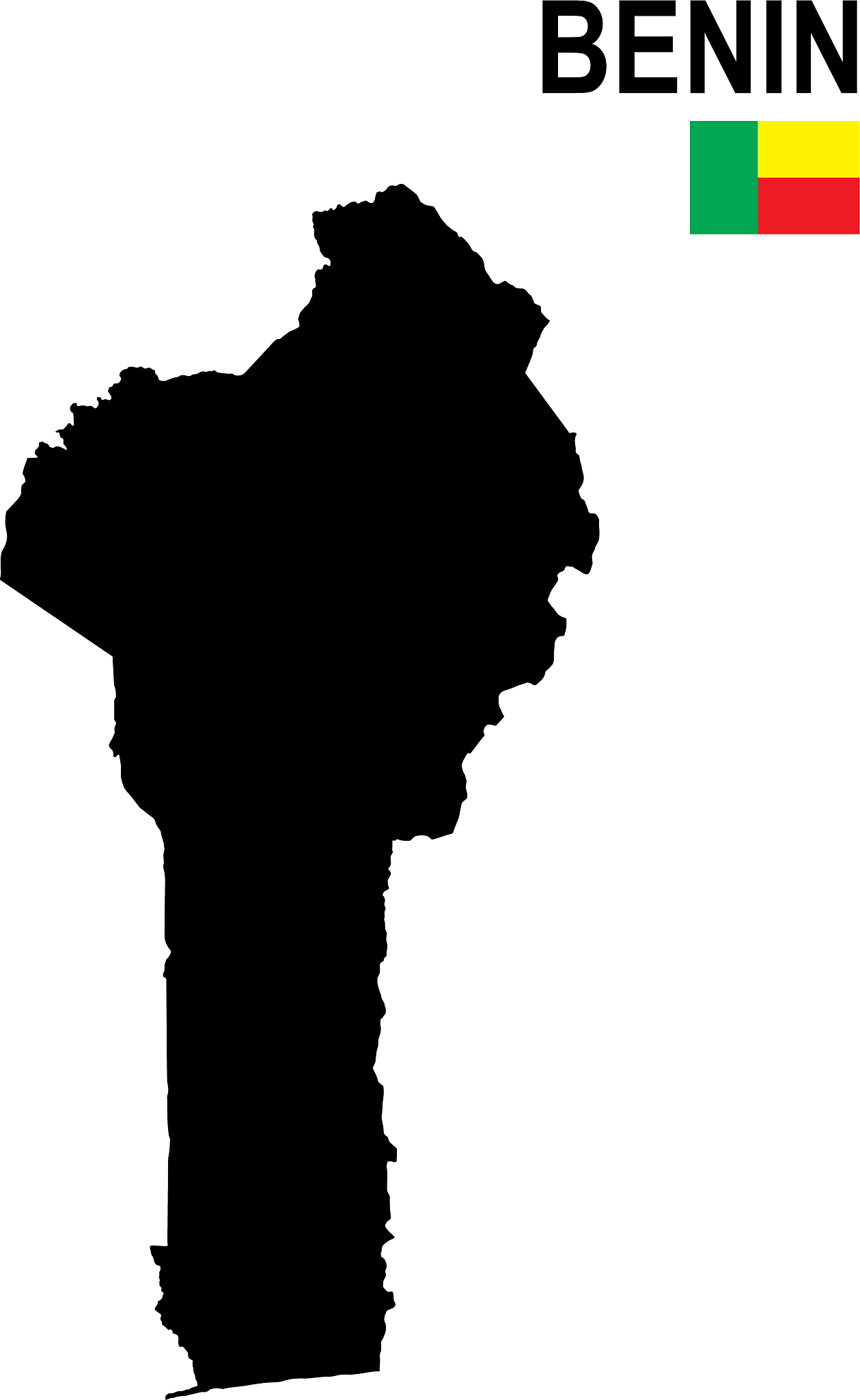 black basic map of benin with flag against white background