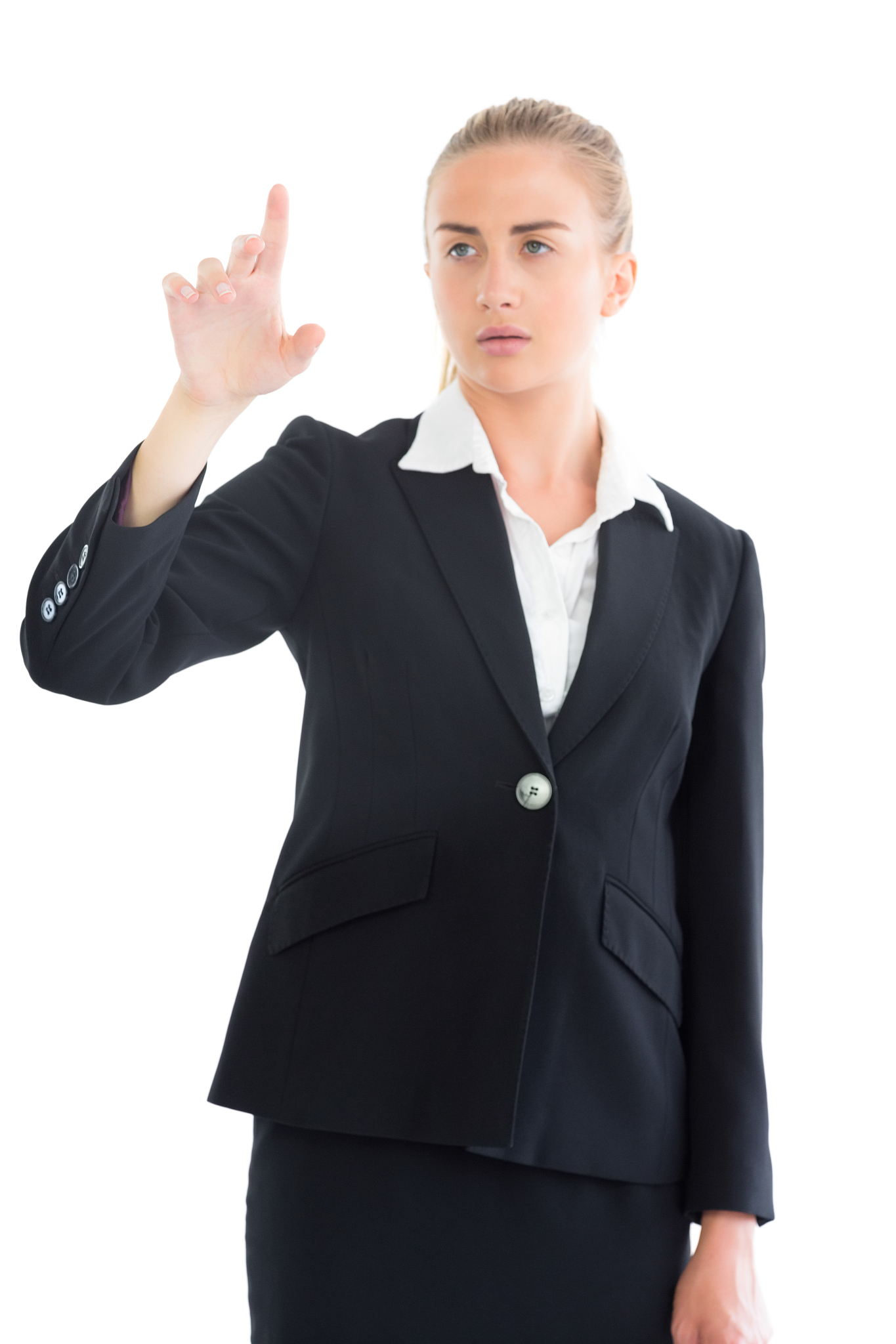 attractive young businesswoman showing with her hand