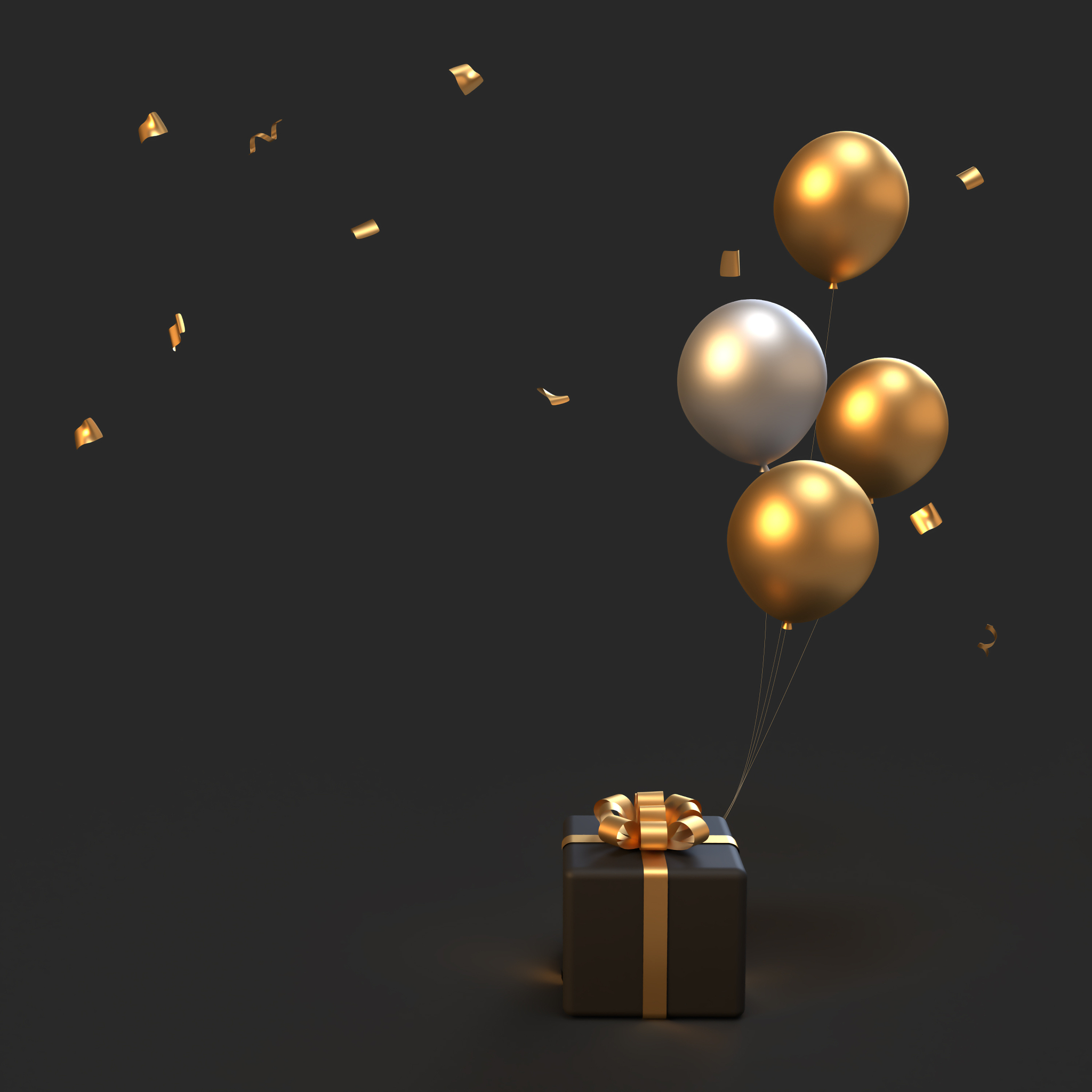 3d illustration of gift box and balloons on black background