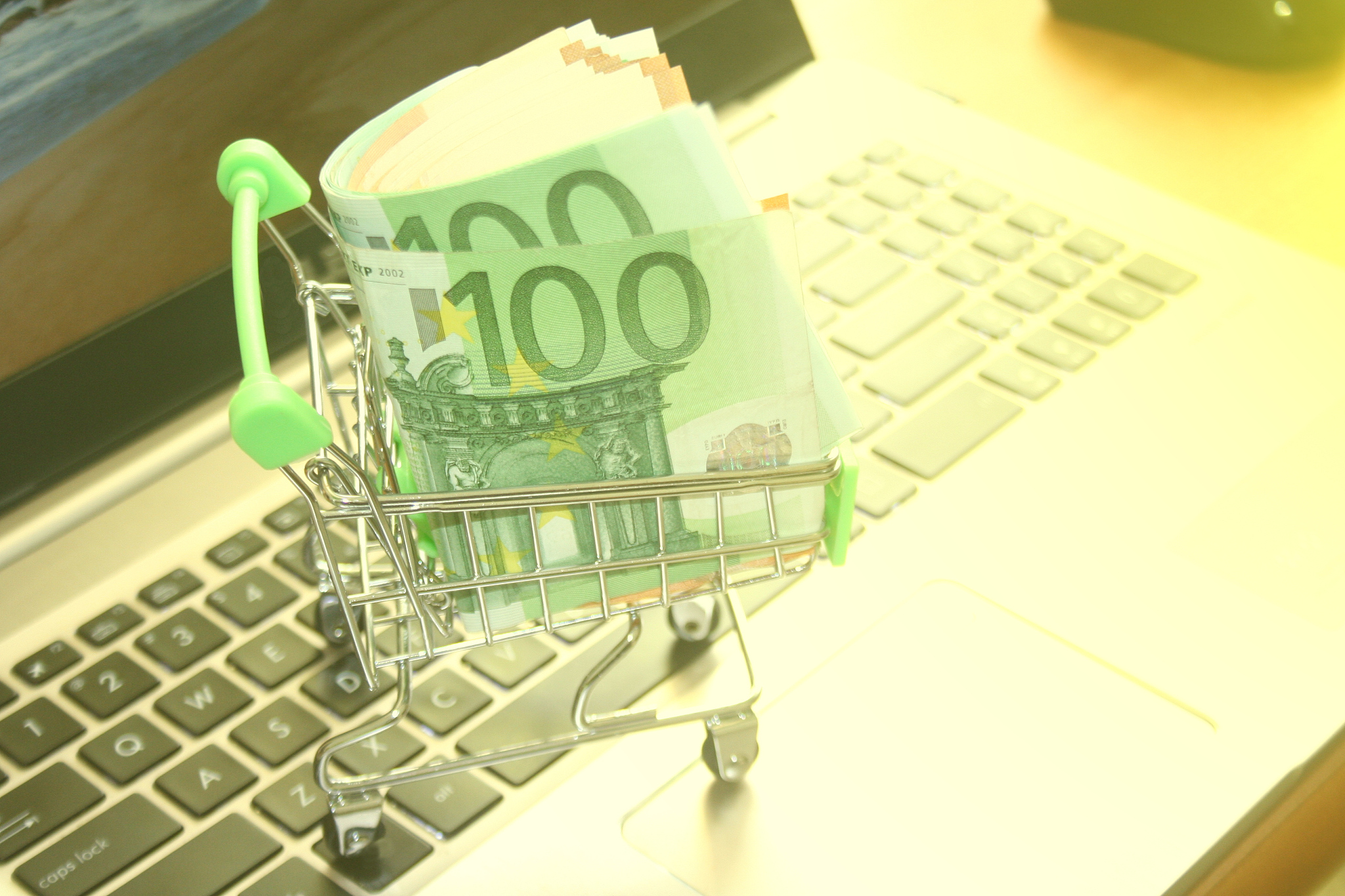 a mini dummy shopping cart on laptop with paper euro banknotes a