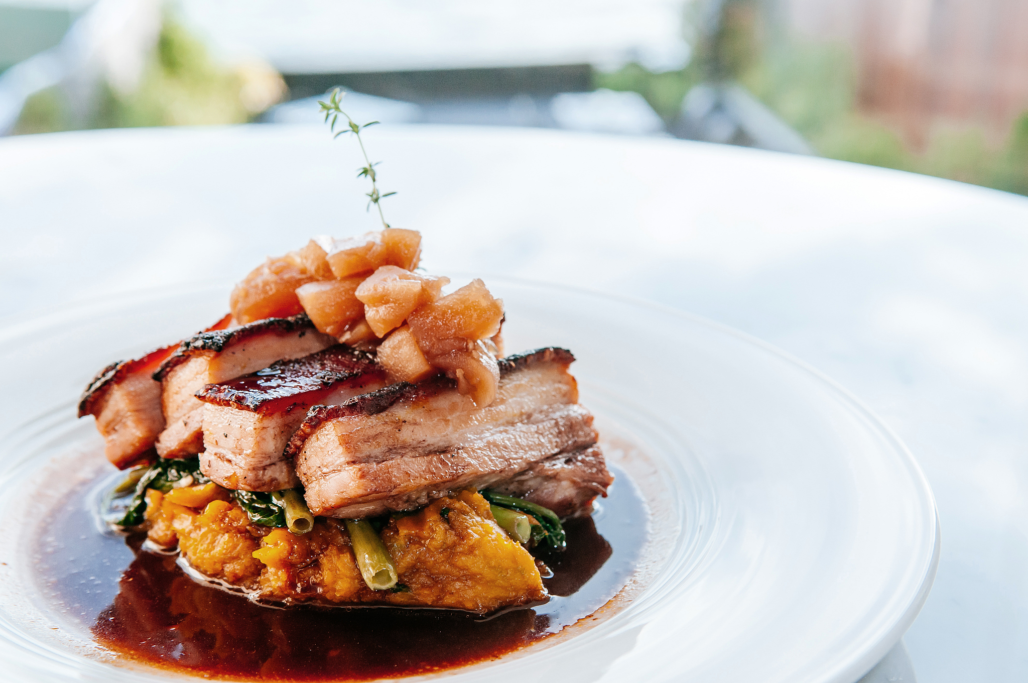 braised pork belly in brown sauce with vegetables, modern chines